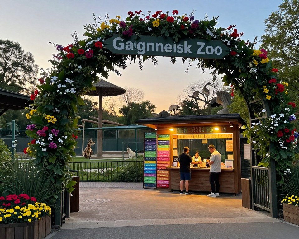 A beautifully composed image showcasing the opening hours of the Gdańsk Zoo, captured during the golden hour of sunset. In the foreground, a serene entrance archway of the zoo is adorned with vibrant flowers and lush greenery, inviting visitors. In the middle ground, a variety of colorful ticket options displayed prominently in a wooden kiosk under warm lighting, with friendly zoo staff in casual uniforms engaging with visitors. In the background, the silhouettes of various animal enclosures can be seen, hinting at the zoo's diverse inhabitants. The scene is imbued with a calm and inviting atmosphere, perfect for families and animal lovers. Capture the essence of a bustling yet peaceful zoo, with clear skies transitioning to a twilight hue, emphasizing the joy and excitement of a day at the zoo. A beautifully composed image showcasing the opening hours of the Gdańsk Zoo, captured during the golden hour of sunset. In the foreground, a serene entrance archway of the zoo is adorned with vibrant flowers and lush greenery, inviting visitors. In the middle ground, a variety of colorful ticket options displayed prominently in a wooden kiosk under warm lighting, with friendly zoo staff in casual uniforms engaging with visitors. In the background, the silhouettes of various animal enclosures can be seen, hinting at the zoo's diverse inhabitants. The scene is imbued with a calm and inviting atmosphere, perfect for families and animal lovers. Capture the essence of a bustling yet peaceful zoo, with clear skies transitioning to a twilight hue, emphasizing the joy and excitement of a day at the zoo.