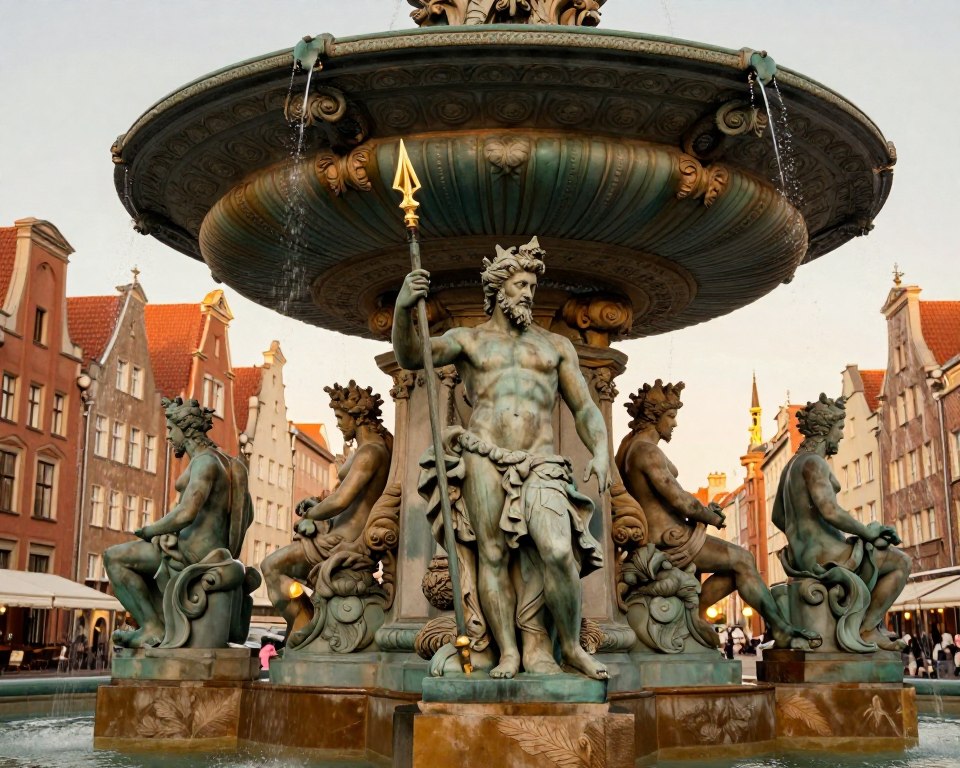 A beautifully detailed view of the Neptune Fountain in Gdańsk, showcasing its stunning architecture and intricate sculptures. In the foreground, focus on the majestic statue of Neptune, proudly holding his trident, surrounded by ornate allegorical figures. The middle ground should feature the fountain's elaborate basin with decorative carvings and flowing water, capturing the elegance of the design. In the background, hint at the historic architecture of Gdańsk’s surrounding buildings, softened by warm golden hour lighting. Use a low angle perspective to elevate the grandeur of the fountain, allowing the viewer to appreciate the craftsmanship. The scene should exude a serene and enchanting atmosphere, inviting viewers to reflect on the rich history and artistry of the fountain. A beautifully detailed view of the Neptune Fountain in Gdańsk, showcasing its stunning architecture and intricate sculptures. In the foreground, focus on the majestic statue of Neptune, proudly holding his trident, surrounded by ornate allegorical figures. The middle ground should feature the fountain's elaborate basin with decorative carvings and flowing water, capturing the elegance of the design. In the background, hint at the historic architecture of Gdańsk’s surrounding buildings, softened by warm golden hour lighting. Use a low angle perspective to elevate the grandeur of the fountain, allowing the viewer to appreciate the craftsmanship. The scene should exude a serene and enchanting atmosphere, inviting viewers to reflect on the rich history and artistry of the fountain.