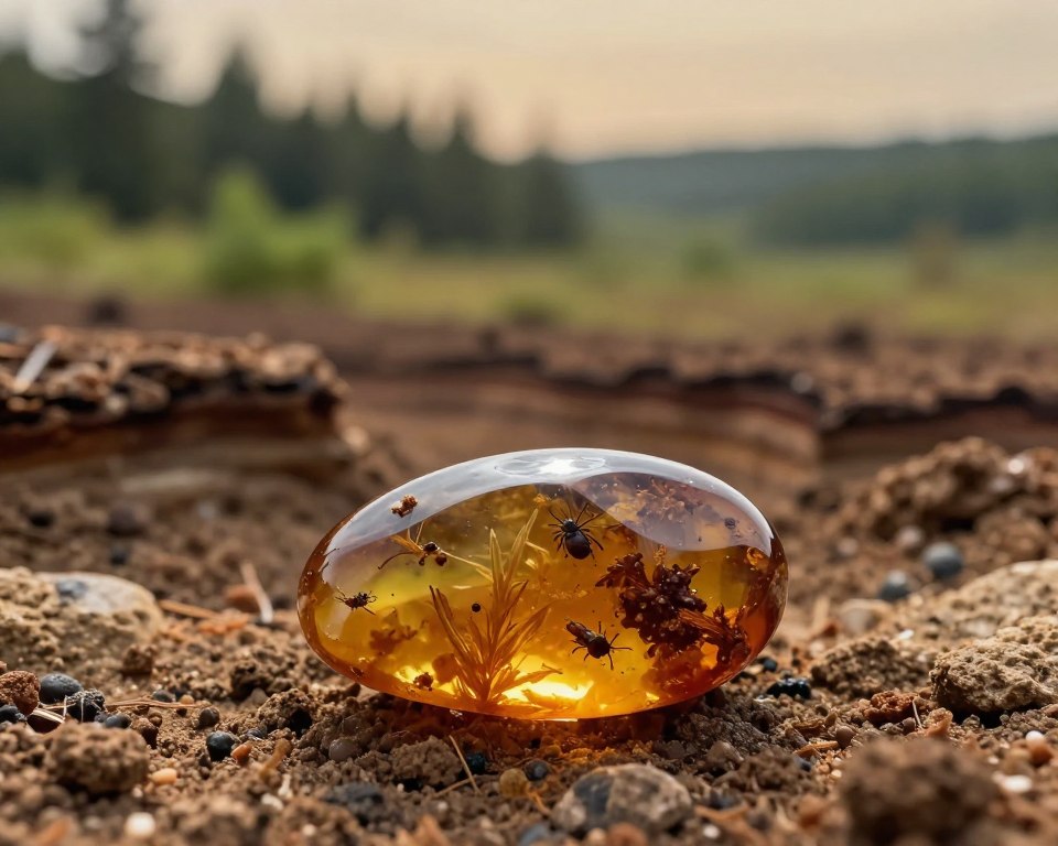 A close-up view of Baltic amber in its geological context, showcasing layers of sedimentary rock that hint at its ancient origins. In the foreground, a piece of polished amber gleams beautifully, encapsulating prehistoric plant material and tiny insects, reflecting soft, warm amber hues. In the middle ground, layers of earth and mineral deposits illustrate the time scale of amber formation, with rich browns and greens suggesting a lush prehistoric landscape. The background features a gentle gradient of earth tones symbolizing deep time, with subtle hints of ancient forests. Use natural, diffused lighting to create a warm, inviting atmosphere that highlights the textures and colors of the amber. Capture the image using a macro lens to emphasize detail, with a slightly blurred background for focus on the amber.