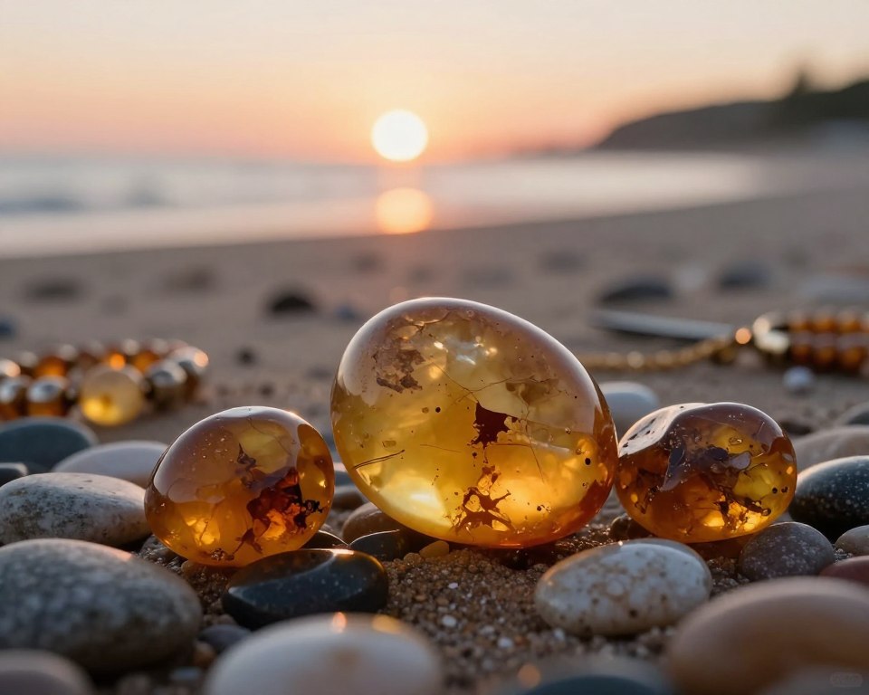 A close-up view of Baltic amber, showcasing its rich, golden hues and natural inclusions, glistening under soft, warm lighting that highlights its ancient beauty. In the foreground, the amber stones are arranged artistically among a scattering of glossy pebbles, reflecting the light. The middle ground features delicate, historically significant artifacts like ancient jewelry and tools made from amber, subtly blending with the stones to evoke a sense of cultural history. In the background, a blurred, serene beach scene under a hazy sunset adds depth, suggesting the natural origins of the amber. The atmosphere is calm and contemplative, inviting viewers to reflect on the significance of amber in history and culture.