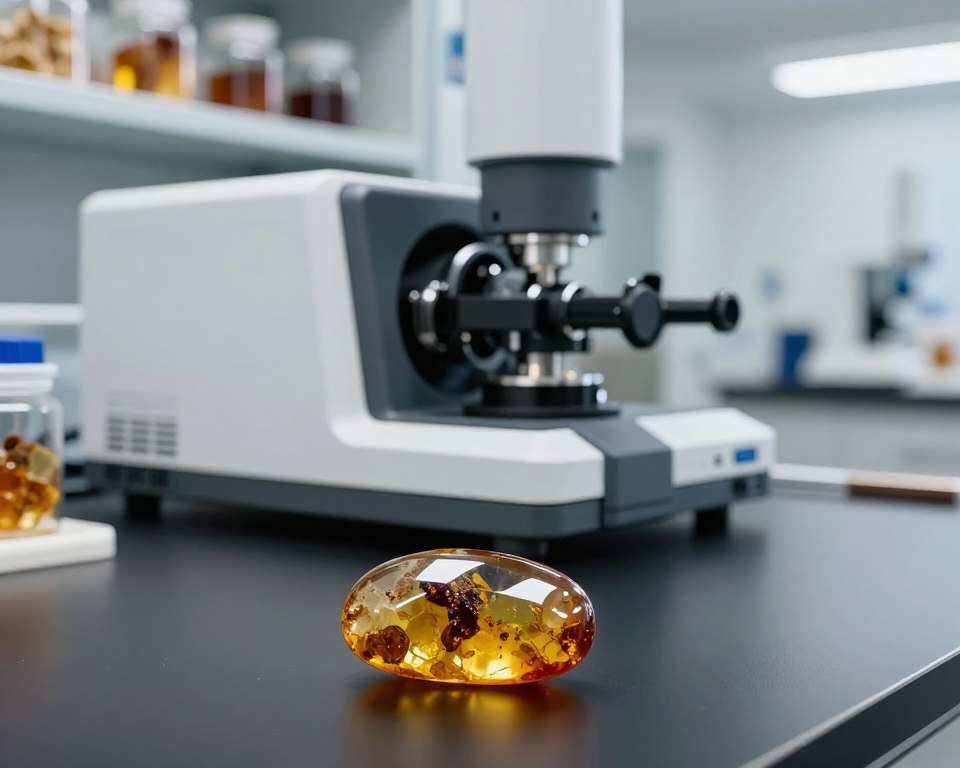 A detailed and scientific scene depicting Baltic amber spectrometry in a laboratory setting. In the foreground, a highly polished piece of amber with captivating inclusions is placed on a sleek, dark laboratory table, reflecting subtle light. In the middle ground, a sophisticated spectrometer, designed with intricate optics and controls, is highlighted. The lighting is bright and clinical, casting soft shadows that emphasize the contours of the equipment. In the background, shelves lined with glass containers holding various amber samples and tools for analysis create a focused atmosphere of authenticity verification. The overall mood is one of precision and professionalism, encapsulating the methods of verifying the authenticity of this ancient substance.