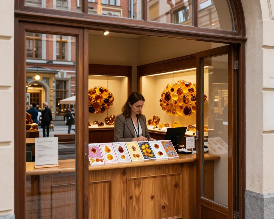 A detailed view of the Muzeum Bursztynu in Gdańsk, showcasing the entrance and ticket area. In the foreground, a polished wooden ticket counter with warm lighting, displaying colorful amber-themed tickets with intricate designs. A professional staff member, dressed in modest business attire, is assisting visitors. The middle section features a glimpse of the museum's stunning amber displays, illuminated by soft, ambient lighting that highlights the golden hues of the amber. In the background, the museum’s architectural elements are visible, blending modern design with historical motifs. The ambience is inviting and educational, evoking a sense of wonder and curiosity about the museum's offerings. The image captures a bright, clear day, with sunlight filtering softly through the entrance, enhancing the warm, welcoming atmosphere.