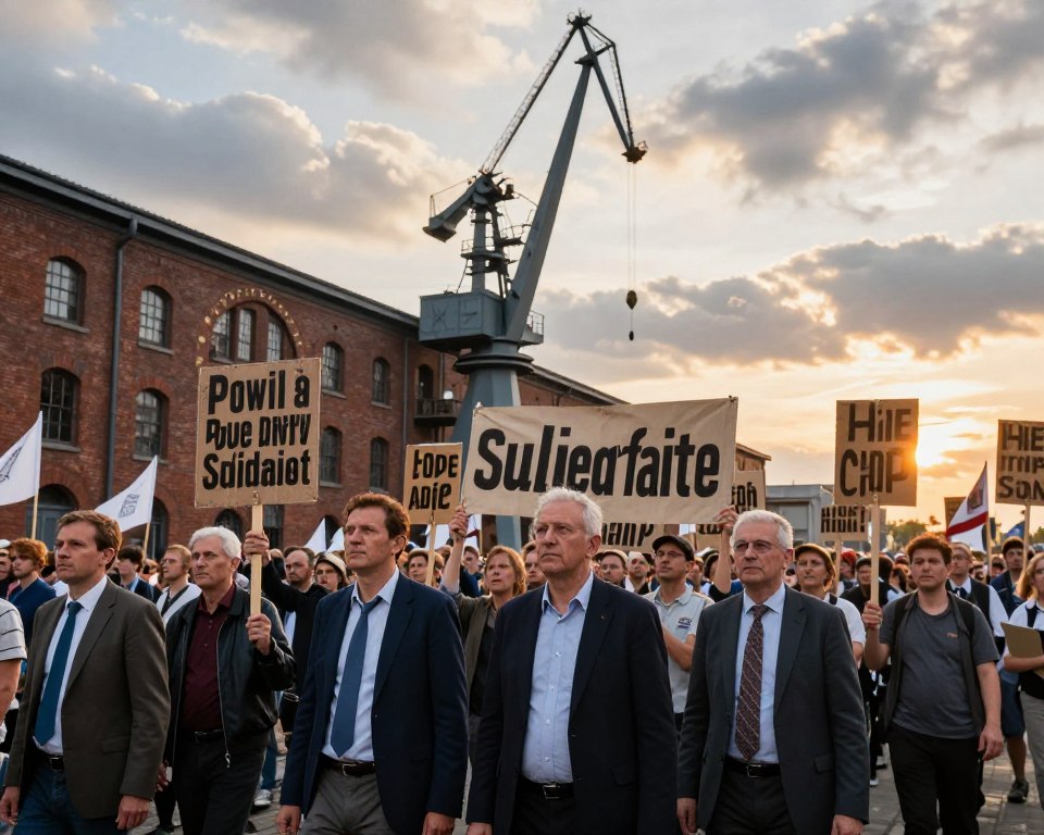 A historic scene capturing the striking workers at the Gdańsk Shipyard during the Solidarity movement. In the foreground, a diverse group of workers in professional business attire and modest casual clothing, passionately holding placards and banners, their expressions reflecting determination and unity. In the middle ground, the iconic shipyard buildings, with cranes looming overhead, framed by a partially cloudy sky that hints at a dramatic sunset, casting warm light over the scene. The background features a bustling crowd of supporters, with flags waving, emphasizing the solidarity and community spirit of the movement. The image should evoke a sense of hope and struggle, rendered in vibrant colors to reflect the urgency of the moment. Use a slightly low-angle view to capture the majesty of the shipyard and the fervent atmosphere of the strike.