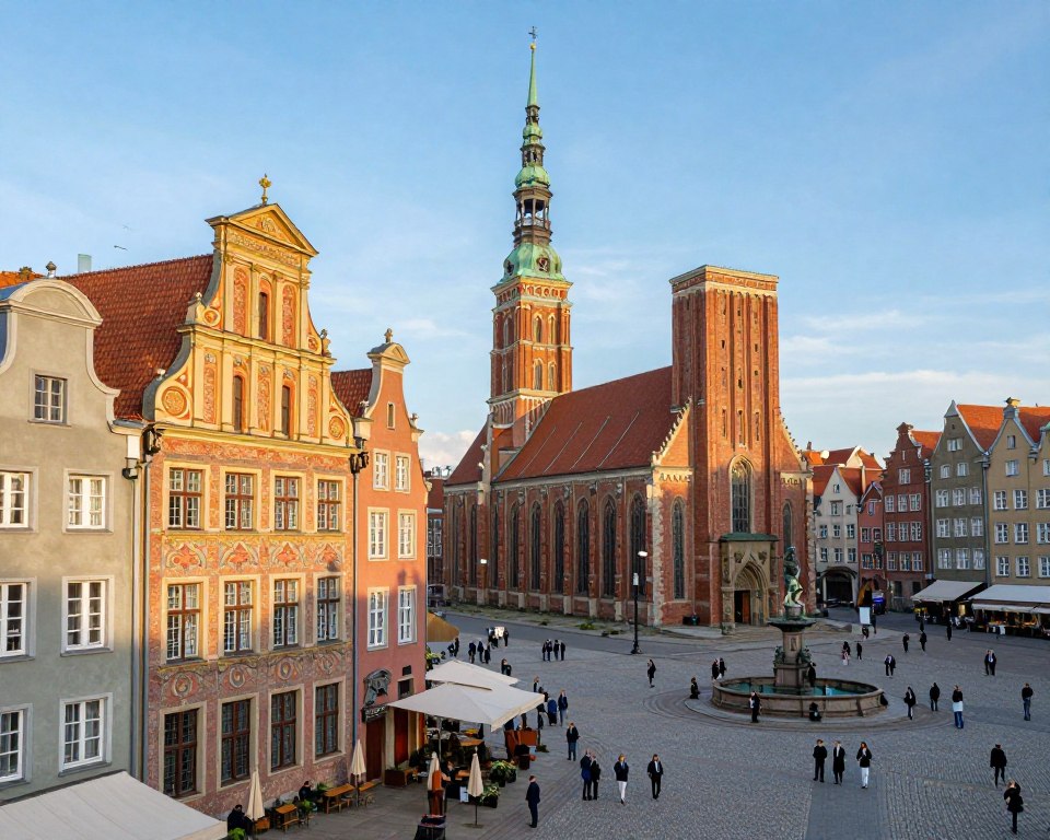 A panoramic view of Długi Targ in Gdańsk, showcasing its stunning architecture and historical landmarks. In the foreground, ornate facades of various merchant houses with colorful stucco walls and decorative gables. The middle ground features the iconic Neptune Fountain, surrounded by cobblestone streets, with visitors in professional attire exploring the area. In the background, the impressive St. Mary's Church with its towering spire under a clear blue sky. Soft afternoon light bathes the scene, creating a warm, inviting atmosphere that captures the essence of the square's rich history. The composition should have a slight downward angle to emphasize the architectural details without including any text or overlays. A panoramic view of Długi Targ in Gdańsk, showcasing its stunning architecture and historical landmarks. In the foreground, ornate facades of various merchant houses with colorful stucco walls and decorative gables. The middle ground features the iconic Neptune Fountain, surrounded by cobblestone streets, with visitors in professional attire exploring the area. In the background, the impressive St. Mary's Church with its towering spire under a clear blue sky. Soft afternoon light bathes the scene, creating a warm, inviting atmosphere that captures the essence of the square's rich history. The composition should have a slight downward angle to emphasize the architectural details without including any text or overlays.