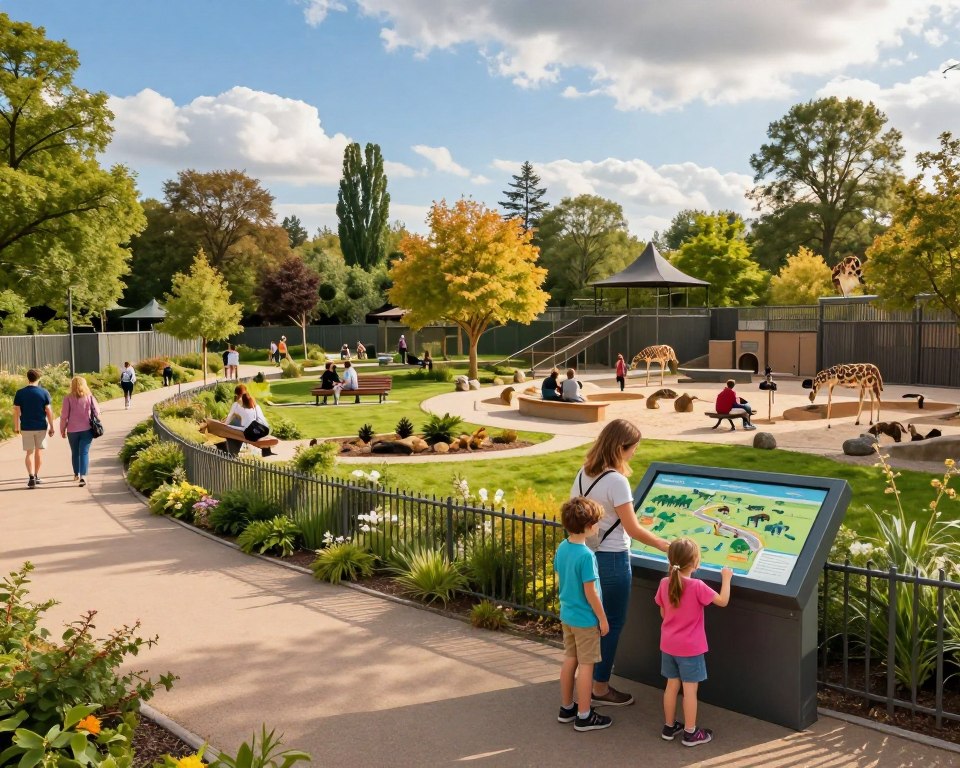 A panoramic view of the Gdańsk Zoo, showcasing modern amenities and facilities. In the foreground, a family with a mother and her children wearing casual clothing interacts with a digital information kiosk displaying a map of the zoo. The middle section captures various pathways, well-maintained gardens, and picnic areas with guests sitting on benches enjoying the scenery. In the background, lush trees and animal enclosures are visible, highlighting the zoo's rich biodiversity. The lighting is warm and inviting, suggesting a sunny day, with bright blue skies scattered with fluffy clouds. The atmosphere is cheerful and vibrant, conveying a sense of adventure and exploration in a family-friendly environment. Use a wide-angle lens to capture the entire scene in a picturesque, detailed manner. A panoramic view of the Gdańsk Zoo, showcasing modern amenities and facilities. In the foreground, a family with a mother and her children wearing casual clothing interacts with a digital information kiosk displaying a map of the zoo. The middle section captures various pathways, well-maintained gardens, and picnic areas with guests sitting on benches enjoying the scenery. In the background, lush trees and animal enclosures are visible, highlighting the zoo's rich biodiversity. The lighting is warm and inviting, suggesting a sunny day, with bright blue skies scattered with fluffy clouds. The atmosphere is cheerful and vibrant, conveying a sense of adventure and exploration in a family-friendly environment. Use a wide-angle lens to capture the entire scene in a picturesque, detailed manner.