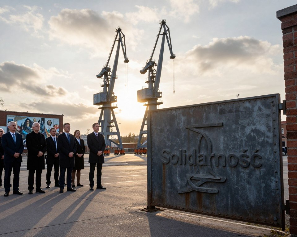 A poignant scene at the Gdańsk Shipyard, capturing the essence of remembrance and history. In the foreground, a weathered steel gate stands, embossed with the iconic "Solidarność" logo. To the left, a small group of individuals dressed in professional business attire stands in reflection, their expressions solemn yet hopeful. The middle ground features historic shipyard cranes towering against a cloudy sky, bathed in the soft golden light of dawn, casting long shadows on the ground. In the background, a faded mural depicting the struggle for freedom enhances the atmosphere of resilience. The mood is both reverent and inspiring, highlighting the significance of this site in Poland’s labor movement history. The angle is slightly low, emphasizing the grandeur of the cranes and the emotional weight of the place.