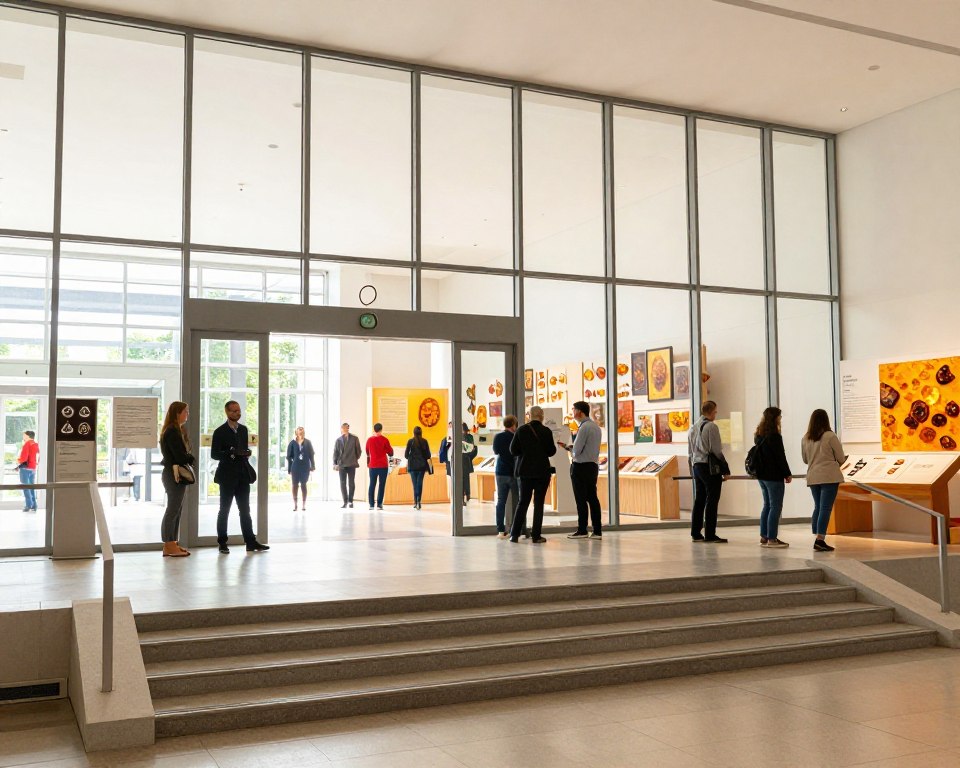 A pristine and modern museum entrance, emphasizing accessibility features for all visitors. In the foreground, a wide, inviting ramp and stairway lead to large glass doors, flanked by clear signage indicating accessibility options. Bright natural light streams through the transparent walls, creating a warm and welcoming atmosphere. Middle-ground elements include small groups of diverse visitors, dressed in professional business attire and modest casual clothing, engaging with informative exhibits about amber and local history. In the background, walls adorned with amber artwork and interactive displays create an enriching ambiance. The image should convey a sense of inclusivity and cultural appreciation, with a focus on the ease of accessibility within a well-designed museum setting. Capture this scene with a wide-angle lens to emphasize the openness of the space, highlighting the interplay of light and vibrant colors throughout the interior.