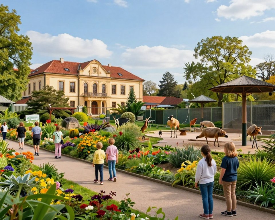 A scenic view of the Gdańsk Zoo, showcasing its historical architecture and lush landscapes. In the foreground, a well-maintained path leads visitors through a vibrant garden filled with diverse flora. Include families exploring the zoo, dressed in casual clothing, engaging with the environment and observing animals. The middle ground features various animal enclosures set amidst naturalistic habitats, including a mix of native Polish species and exotic fauna. The background displays a historic building reminiscent of the zoo's founding era, under a bright blue sky with soft, warm lighting suggesting a sunny day. Capture a sense of wonder and education, emphasizing conservation efforts with signage visible in the landscape but free of text. A scenic view of the Gdańsk Zoo, showcasing its historical architecture and lush landscapes. In the foreground, a well-maintained path leads visitors through a vibrant garden filled with diverse flora. Include families exploring the zoo, dressed in casual clothing, engaging with the environment and observing animals. The middle ground features various animal enclosures set amidst naturalistic habitats, including a mix of native Polish species and exotic fauna. The background displays a historic building reminiscent of the zoo's founding era, under a bright blue sky with soft, warm lighting suggesting a sunny day. Capture a sense of wonder and education, emphasizing conservation efforts with signage visible in the landscape but free of text.