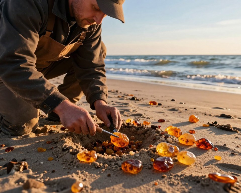 A serene beach scene during golden hour, showcasing the contemporary extraction of Baltic amber. In the foreground, a skilled miner dressed in durable work attire is carefully digging in the sand, using specialized tools to uncover glistening amber pieces. The miner's focused expression highlights the dedication involved in this ancient craft. The middle ground features scattered chunks of amber, reflecting sunlight with rich, warm hues of orange and yellow. In the background, gentle waves lap the shore, with a clear sky transitioning to deep blues, hinting at the end of the day. Soft, diffused lighting creates a tranquil atmosphere, emphasizing the melding of nature and craftsmanship.
