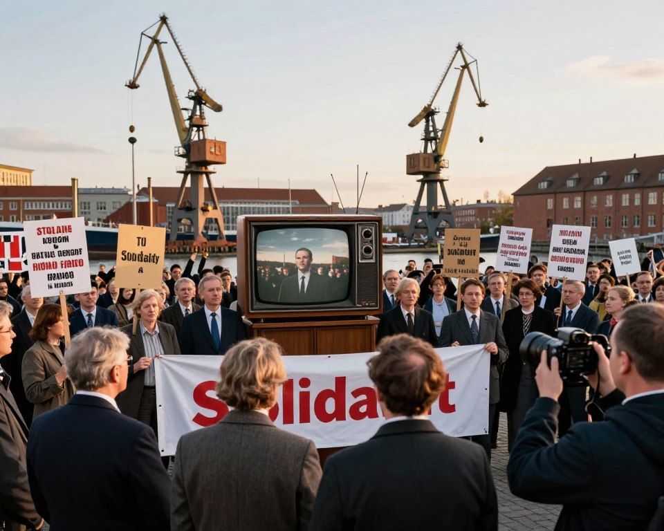A striking scene in the Gdańsk Shipyard during the historical Solidarity movement, showcasing a diverse group of people peacefully protesting. In the foreground, individuals in professional business attire hold signs and banners, expressing solidarity and civic engagement. The middle ground features a vintage television broadcasting live coverage, highlighting the media's influence, surrounded by journalists capturing the moment. The background includes the iconic shipyard cranes bathed in golden hour light, creating a hopeful atmosphere. Use a wide-angle lens to capture the grandeur of the space, enhancing the sense of community and purpose. The overall mood should evoke determination and unity, emphasizing the powerful role of media in shaping social narratives during pivotal moments in history.