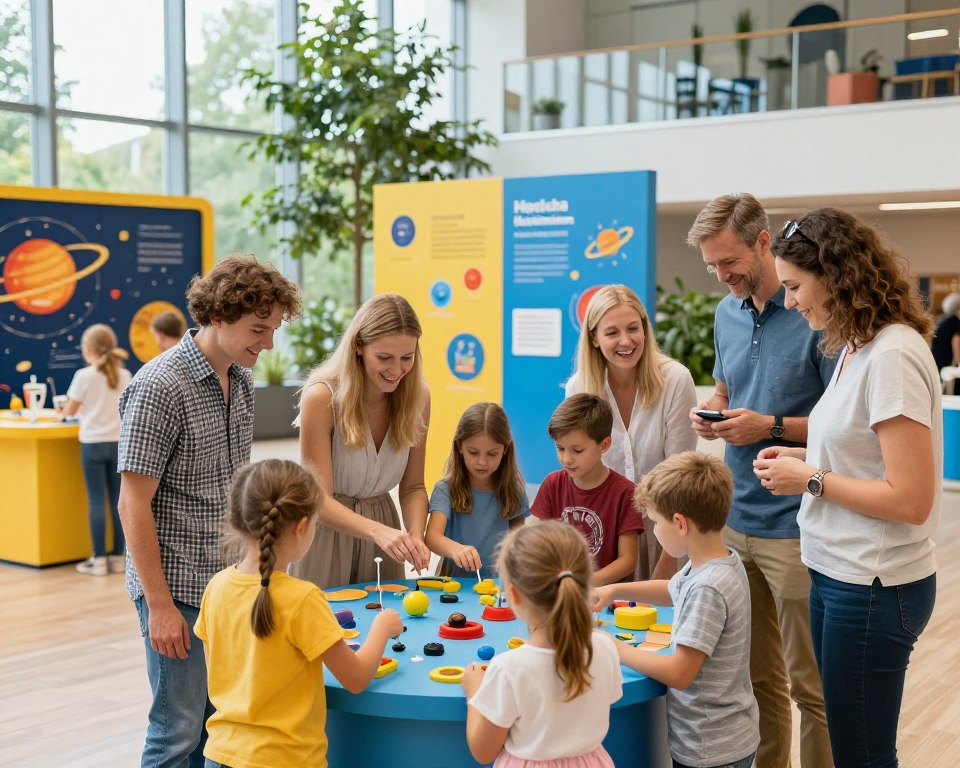 A vibrant and engaging family scene at Hevelianum in Gdańsk, showcasing families interacting with various educational exhibits. In the foreground, a diverse group of parents and children, dressed in casual but neat clothing, are immersed in a science demonstration, with bright smiles and expressions of curiosity. In the middle ground, colorful informative displays and interactive stations invite exploration, featuring diagrams of the solar system and hands-on activities that spark wonder. In the background, soft natural lighting filters through large windows, illuminating a modern, open space filled with greenery and architectural elements of Hevelianum. The overall mood is cheerful and inspiring, capturing the essence of family togetherness and learning in a lively museum environment. A vibrant and engaging family scene at Hevelianum in Gdańsk, showcasing families interacting with various educational exhibits. In the foreground, a diverse group of parents and children, dressed in casual but neat clothing, are immersed in a science demonstration, with bright smiles and expressions of curiosity. In the middle ground, colorful informative displays and interactive stations invite exploration, featuring diagrams of the solar system and hands-on activities that spark wonder. In the background, soft natural lighting filters through large windows, illuminating a modern, open space filled with greenery and architectural elements of Hevelianum. The overall mood is cheerful and inspiring, capturing the essence of family togetherness and learning in a lively museum environment.