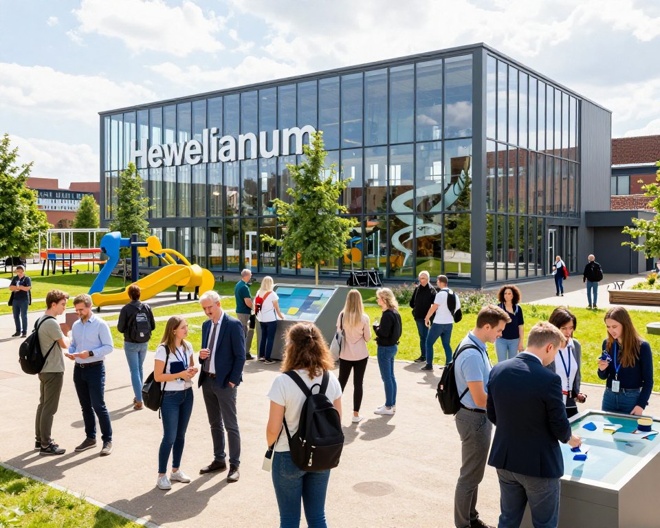A vibrant and engaging scene of Hewelianum Gdańsk, showcasing the science center and recreational facilities. In the foreground, a diverse group of visitors in business casual outfits interact with interactive exhibits, their expressions filled with curiosity and excitement. The middle ground features the modern architectural design of the Hewelianum building, with large glass panels reflecting sunlight and greenery surrounding the structure. In the background, the city skyline of Gdańsk subtly fades away, lending context to the location. The lighting is bright and inviting, simulating a sunny day. The image is captured from a slightly elevated angle, providing a broad view of the science center while maintaining focus on the engaging atmosphere of learning and exploration. A vibrant and engaging scene of Hewelianum Gdańsk, showcasing the science center and recreational facilities. In the foreground, a diverse group of visitors in business casual outfits interact with interactive exhibits, their expressions filled with curiosity and excitement. The middle ground features the modern architectural design of the Hewelianum building, with large glass panels reflecting sunlight and greenery surrounding the structure. In the background, the city skyline of Gdańsk subtly fades away, lending context to the location. The lighting is bright and inviting, simulating a sunny day. The image is captured from a slightly elevated angle, providing a broad view of the science center while maintaining focus on the engaging atmosphere of learning and exploration.