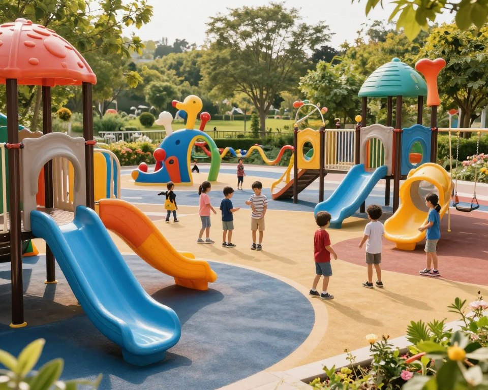A vibrant and imaginative children's playground, showcasing a creative play area designed for exploration and learning. In the foreground, colorful slides, swings, and climbing structures made of durable materials invite children to engage in active play. The middle ground features playful sculptures and interactive installations that stimulate curiosity, surrounded by children in modest casual clothing, joyfully interacting with each other. The background reveals a lush green landscape dotted with trees and flowers, bathed in soft, warm sunlight, creating a cheerful and inviting atmosphere. The perspective is slightly elevated, capturing the full essence of the playground from a dynamic angle, emphasizing the joy and creativity present in the scene. The overall mood is playful, energetic, and encouraging, inspiring imagination and wonder. A vibrant and imaginative children's playground, showcasing a creative play area designed for exploration and learning. In the foreground, colorful slides, swings, and climbing structures made of durable materials invite children to engage in active play. The middle ground features playful sculptures and interactive installations that stimulate curiosity, surrounded by children in modest casual clothing, joyfully interacting with each other. The background reveals a lush green landscape dotted with trees and flowers, bathed in soft, warm sunlight, creating a cheerful and inviting atmosphere. The perspective is slightly elevated, capturing the full essence of the playground from a dynamic angle, emphasizing the joy and creativity present in the scene. The overall mood is playful, energetic, and encouraging, inspiring imagination and wonder.
