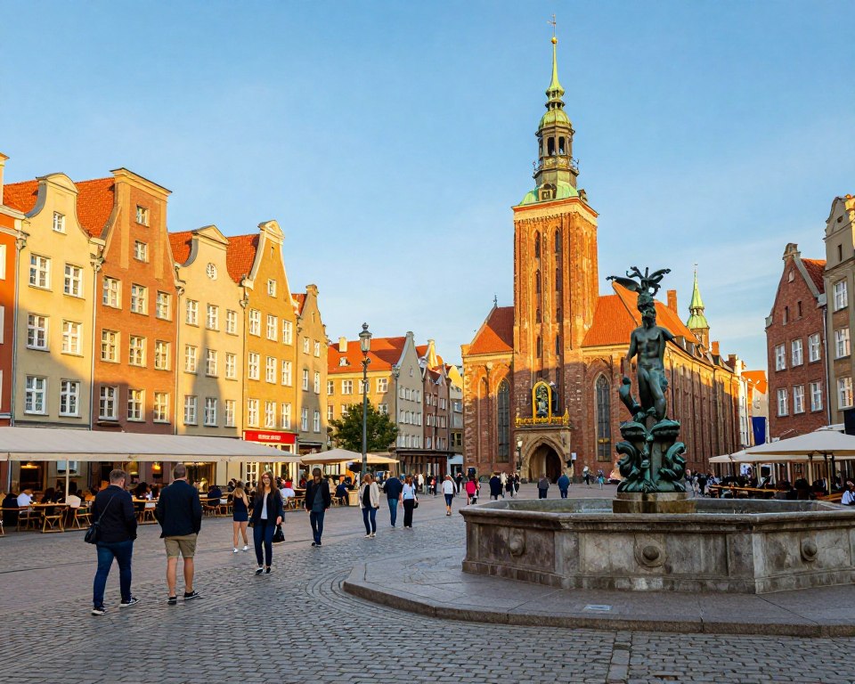A vibrant scene showcasing the tourist attractions of Długi Targ in Gdańsk, featuring the iconic Artus Court and the Neptune Fountain in the foreground, surrounded by cobblestone streets lined with historical buildings. Capture the bustling atmosphere with people admiring the architecture, dressed in smart casual attire. The middle ground shows shops and cafes with outdoor seating, inviting visitors to relax. In the background, the stunning architecture of St. Mary's Church towers against a clear blue sky. Use warm, golden hour lighting to enhance the inviting mood, with soft shadows creating depth. The composition should be balanced, with a wide-angle perspective that captures the lively essence and cultural richness of Długi Targ. A vibrant scene showcasing the tourist attractions of Długi Targ in Gdańsk, featuring the iconic Artus Court and the Neptune Fountain in the foreground, surrounded by cobblestone streets lined with historical buildings. Capture the bustling atmosphere with people admiring the architecture, dressed in smart casual attire. The middle ground shows shops and cafes with outdoor seating, inviting visitors to relax. In the background, the stunning architecture of St. Mary's Church towers against a clear blue sky. Use warm, golden hour lighting to enhance the inviting mood, with soft shadows creating depth. The composition should be balanced, with a wide-angle perspective that captures the lively essence and cultural richness of Długi Targ.