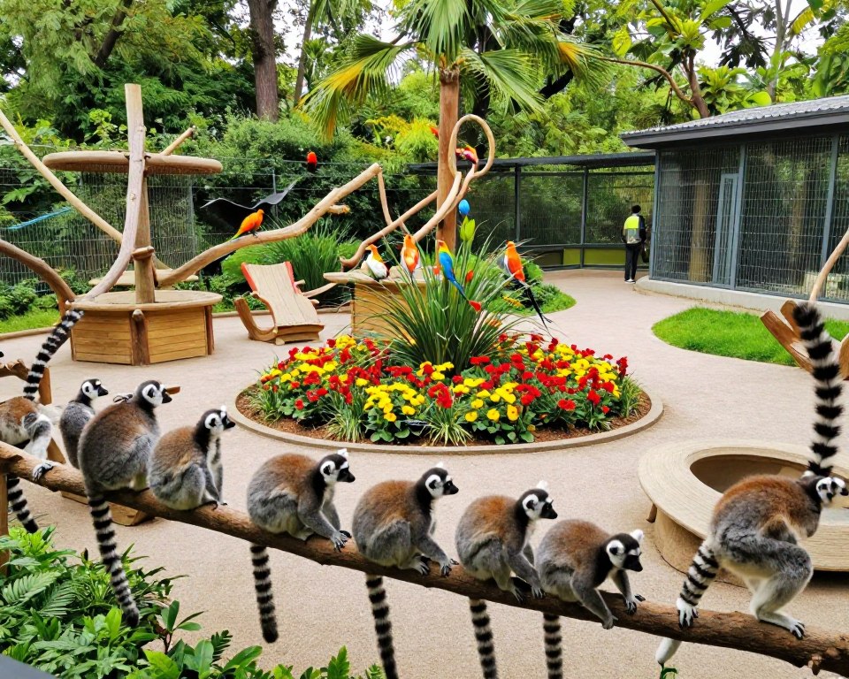 A vibrant scene showcasing the unique attractions of the Gdańsk Zoo, featuring various animal enclosures filled with diverse wildlife. In the foreground, a playful group of lemurs climbing on branches, displaying their agility and curiosity. In the middle ground, a beautifully designed aviary housing colorful exotic birds perched on vibrant flowers. The background includes lush greenery, with towering trees and a winding path that invites visitors to explore. Soft, natural lighting illuminates the scene, creating a warm and inviting atmosphere. The image should capture the essence of a family-friendly zoo experience, emphasizing the joy of observing animals in a serene setting, without any people present. The composition should be from a slightly elevated angle, providing a panoramic view of the zoo's captivating features. A vibrant scene showcasing the unique attractions of the Gdańsk Zoo, featuring various animal enclosures filled with diverse wildlife. In the foreground, a playful group of lemurs climbing on branches, displaying their agility and curiosity. In the middle ground, a beautifully designed aviary housing colorful exotic birds perched on vibrant flowers. The background includes lush greenery, with towering trees and a winding path that invites visitors to explore. Soft, natural lighting illuminates the scene, creating a warm and inviting atmosphere. The image should capture the essence of a family-friendly zoo experience, emphasizing the joy of observing animals in a serene setting, without any people present. The composition should be from a slightly elevated angle, providing a panoramic view of the zoo's captivating features.