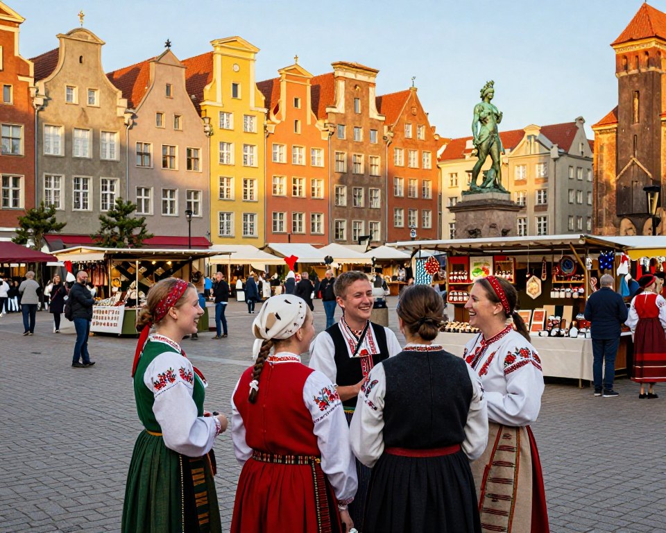 A vibrant street scene at Długi Targ in Gdańsk, showcasing rich cultural traditions and legends. In the foreground, a group of people dressed in traditional Polish folk attire, engaging in lively conversation and laughter. The middle ground features the iconic historic architecture of Długi Targ, with colorful facades and ornate decorations highlighting the area's rich history. In the background, the green statue of Neptune stands proudly, as bustling market stalls display local crafts and artisanal goods. The atmosphere is festive and warm, with soft, golden sunlight illuminating the scene, casting gentle shadows. Capture the image from a slightly elevated angle to encapsulate the lively spirit of the square, ensuring a focus on the interaction between the people and their surroundings, reflecting the cultural essence of Gdańsk. A vibrant street scene at Długi Targ in Gdańsk, showcasing rich cultural traditions and legends. In the foreground, a group of people dressed in traditional Polish folk attire, engaging in lively conversation and laughter. The middle ground features the iconic historic architecture of Długi Targ, with colorful facades and ornate decorations highlighting the area's rich history. In the background, the green statue of Neptune stands proudly, as bustling market stalls display local crafts and artisanal goods. The atmosphere is festive and warm, with soft, golden sunlight illuminating the scene, casting gentle shadows. Capture the image from a slightly elevated angle to encapsulate the lively spirit of the square, ensuring a focus on the interaction between the people and their surroundings, reflecting the cultural essence of Gdańsk.
