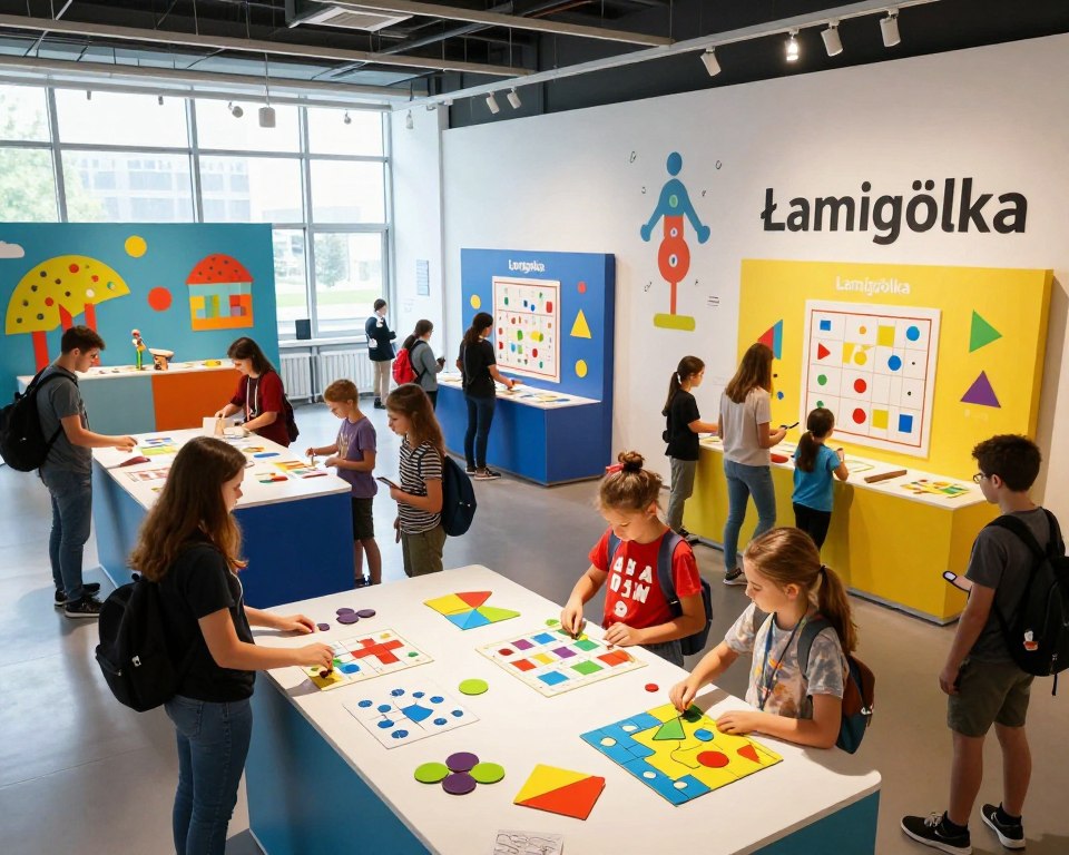 An interactive exhibit labeled "Łamigłówka," showcasing a captivating world of mathematics. In the foreground, a diverse group of enthusiastic visitors, including children and adults, engage with various colorful puzzles and mathematical installations. The middle ground features meticulously designed interactive stations with visual math games, dynamic shapes, and logic puzzles, all in vibrant colors, enticing viewers to explore. The background reveals a spacious, modern exhibition hall with bright lighting, large windows allowing natural light to filter in, and playful mathematical art adorning the walls. The atmosphere exudes excitement and curiosity, inviting participants to delve into the mysteries of mathematics. The perspective is slightly elevated, capturing both the excitement of visitors and the intricate details of the exhibits, fostering a sense of wonder and learning. An interactive exhibit labeled "Łamigłówka," showcasing a captivating world of mathematics. In the foreground, a diverse group of enthusiastic visitors, including children and adults, engage with various colorful puzzles and mathematical installations. The middle ground features meticulously designed interactive stations with visual math games, dynamic shapes, and logic puzzles, all in vibrant colors, enticing viewers to explore. The background reveals a spacious, modern exhibition hall with bright lighting, large windows allowing natural light to filter in, and playful mathematical art adorning the walls. The atmosphere exudes excitement and curiosity, inviting participants to delve into the mysteries of mathematics. The perspective is slightly elevated, capturing both the excitement of visitors and the intricate details of the exhibits, fostering a sense of wonder and learning.