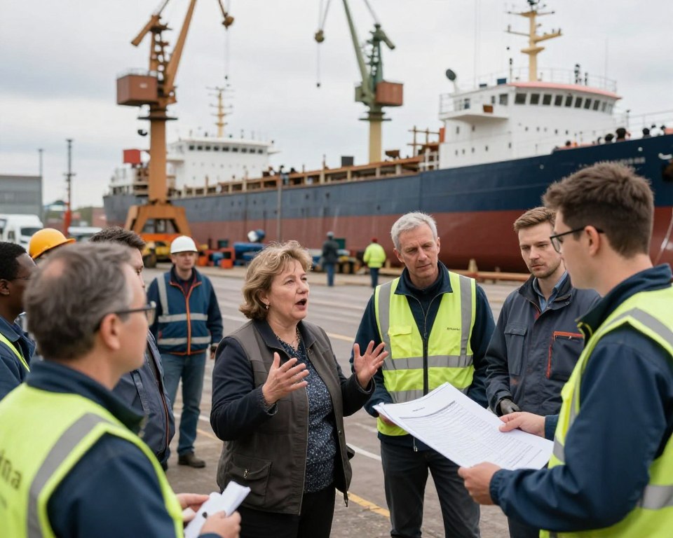 In a bustling Gdańsk shipyard, showcase a diverse group of workers in professional attire, collaborating and engaged in discussions about labor rights and solidarity. In the foreground, depict a middle-aged woman, a union leader, gesturing passionately, while a young man holds blueprints. In the middle ground, various shipbuilding activities are taking place, with cranes and ships partially constructed in the background. Soft, diffused natural light filters through overcast skies, creating a serious yet hopeful atmosphere. The scene should be captured from a slightly elevated angle, highlighting the teamwork and sense of community among the workers against the backdrop of the historic shipyard, symbolizing the struggle for labor rights.