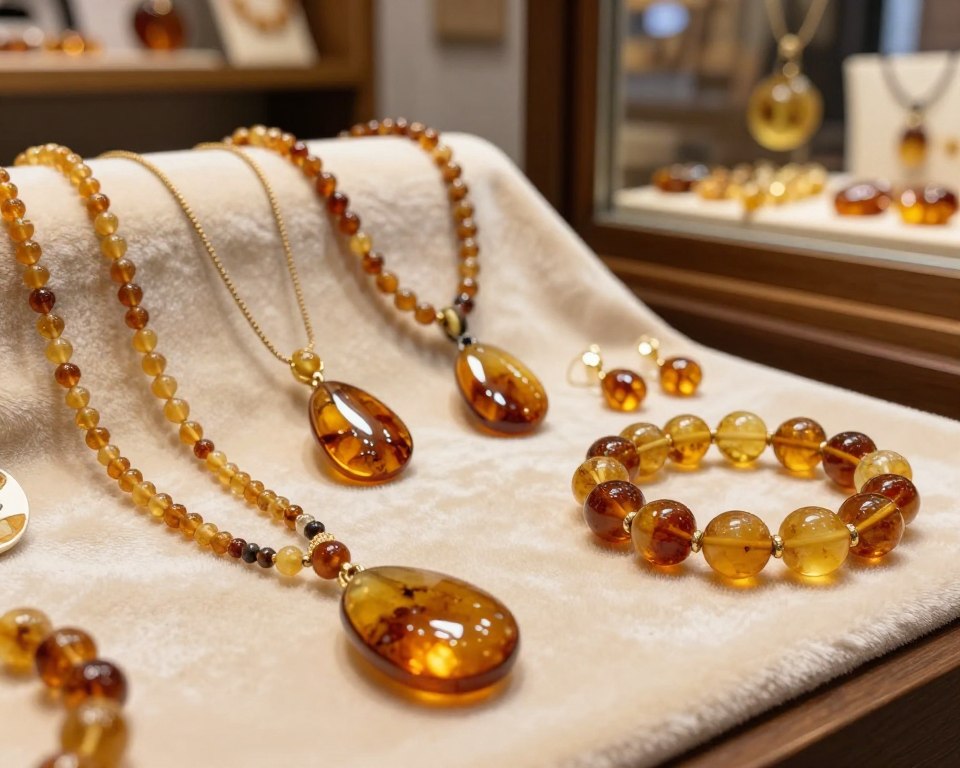 A beautifully arranged display of elegant amber jewelry suitable as a gift, featuring a variety of polished amber pieces including necklaces, earrings, and bracelets. In the foreground, showcase a delicate amber pendant illuminated by soft, warm lighting, highlighting its rich golden hues and natural inclusions. In the middle, include a selection of which could be classic and modern designs, artistically draped on a soft velvet cloth to enhance the elegance. The background features a subtle, blurred view of a cozy jewelry shop interior, with wooden shelves displaying more amber jewelry pieces and a hint of amber-colored decorations, creating an inviting and warm atmosphere. The image conveys a sense of thoughtfulness and appreciation, perfect for a gift for a loved one.