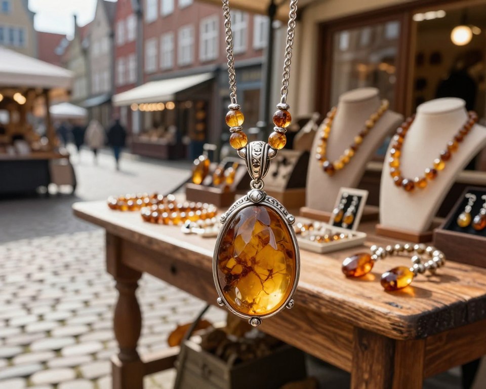 A beautifully crafted piece of amber jewelry is showcased prominently in the foreground, with intricate silver accents highlighting its natural elegance. The amber glows warmly, reflecting sunlight which casts a soft, inviting light across the scene. In the middle ground, a rustic wooden display table features additional pieces of amber jewelry, such as necklaces and earrings, arranged artfully to emphasize craftsmanship. The background includes a blurred view of a charming Gdańsk marketplace, with cobblestone streets and traditional shopfronts, enhancing the cultural ambiance. This image conveys a sense of tradition and artisanal skill, capturing the spirit of Gdańsk’s rich craftsmanship in amber jewelry. The overall atmosphere is warm and inviting, perfect for illustrating the beauty of this local art form.