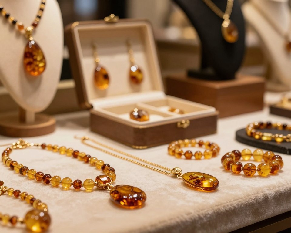 A beautifully curated collection of handcrafted amber jewelry displayed on an elegant velvet surface. In the foreground, focus on various unique pieces, including intricately designed necklaces, earrings, and bracelets, showcasing the rich golden hues and natural inclusions of the amber. The middle ground features a softly lit jewelry box, slightly open, revealing more exquisite items. In the background, a warm, blurred shop interior suggests an artistic atmosphere, with subtle hints of wood and display stands. Use soft, warm lighting to create an inviting and luxurious mood, resembling a high-end boutique. Capture the scene with a shallow depth of field to emphasize the jewelry, while adding a professional and sophisticated touch.