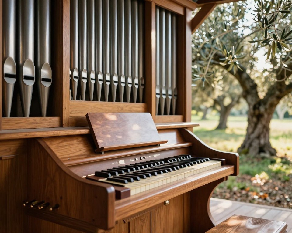 A beautifully detailed interior view of a traditional organ in an olive grove setting. In the foreground, showcase the intricate pipes and mechanical parts of the organ, reflecting a blend of craftsmanship and technology. The middle ground features the organ's keyboard and stops, with light glinting off polished wood surfaces. In the background, soft sunlight filters through the olive trees, creating a warm, serene atmosphere. The scene conveys a sense of harmony between nature and musical engineering. The perspective is slightly angled, emphasizing depth and inviting the viewer into this tranquil space where music and the natural world coexist. Utilize soft, natural lighting to enhance the rich textures and colors, invoking a peaceful yet inspiring mood.