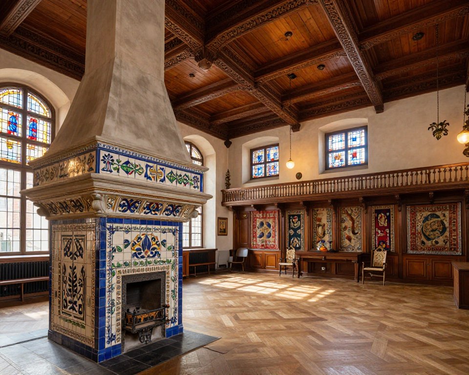 A beautifully detailed interior view of the Dwór Artusa in Gdańsk, showcasing its stunning architecture and exquisite design elements. In the foreground, feature an ornate tiled stove (piece kaflowy), intricately decorated with traditional patterns. The middle ground reveals high wooden ceilings adorned with elaborate carvings and stained glass windows, casting colorful light across the room. In the background, highlight wooden furnishings, rich tapestries, and decorative wall elements that reflect the historical significance of the space. Capture the warm, inviting atmosphere with soft, ambient lighting as if it’s late afternoon. Use a wide-angle lens to emphasize the spaciousness and grand proportions of the interior, showcasing both elegance and comfort in the heart of Gdańsk's architectural history. A beautifully detailed interior view of the Dwór Artusa in Gdańsk, showcasing its stunning architecture and exquisite design elements. In the foreground, feature an ornate tiled stove (piece kaflowy), intricately decorated with traditional patterns. The middle ground reveals high wooden ceilings adorned with elaborate carvings and stained glass windows, casting colorful light across the room. In the background, highlight wooden furnishings, rich tapestries, and decorative wall elements that reflect the historical significance of the space. Capture the warm, inviting atmosphere with soft, ambient lighting as if it’s late afternoon. Use a wide-angle lens to emphasize the spaciousness and grand proportions of the interior, showcasing both elegance and comfort in the heart of Gdańsk's architectural history.