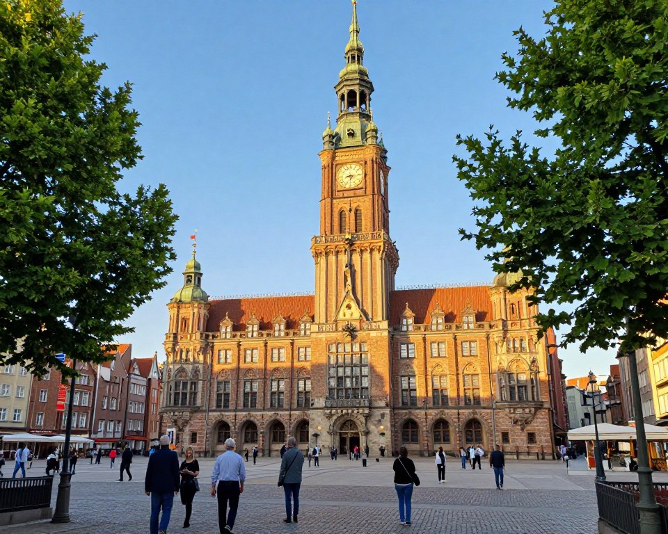 A beautifully detailed view of the Main City Hall in Gdańsk, showcasing its impressive architecture. In the foreground, a cobblestone plaza with visitors admiring the building, some in professional attire, others in modest casual clothing. In the middle ground, the towering clock tower stands proudly, its intricate design highlighted by warm sunlight, casting soft shadows on the facade. Lush green trees frame the scene, enhancing the inviting atmosphere. In the background, a clear blue sky frames the cityscape, suggesting a bright day for exploration. The image should evoke a sense of wonder and historical appreciation, emphasizing the grandeur of the City Hall and the bustling life around it. Soft golden hour lighting for a warm, welcoming glow. Focused shot angle to capture the height and majesty of the building. A beautifully detailed view of the Main City Hall in Gdańsk, showcasing its impressive architecture. In the foreground, a cobblestone plaza with visitors admiring the building, some in professional attire, others in modest casual clothing. In the middle ground, the towering clock tower stands proudly, its intricate design highlighted by warm sunlight, casting soft shadows on the facade. Lush green trees frame the scene, enhancing the inviting atmosphere. In the background, a clear blue sky frames the cityscape, suggesting a bright day for exploration. The image should evoke a sense of wonder and historical appreciation, emphasizing the grandeur of the City Hall and the bustling life around it. Soft golden hour lighting for a warm, welcoming glow. Focused shot angle to capture the height and majesty of the building.