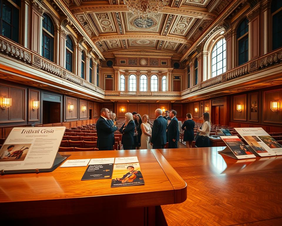 A beautifully lit image of the interior of the Polska Filharmonia Bałtycka, showcasing an elegant concert hall. In the foreground, a polished wooden information desk displays brochures about tickets and local attractions, reflecting warm wood tones and soft lighting. The middle of the scene features a diverse group of elegantly dressed patrons discussing their plans, dressed in professional attire. The background reveals the grand architecture of the concert hall, with soaring ceilings adorned with intricate moldings and large windows letting in natural light, creating a welcoming atmosphere. The color palette includes soft golds and deep blues, enhancing the sophisticated mood of the venue. The angle captures the essence of the location while inviting viewers to explore its offerings. A beautifully lit image of the interior of the Polska Filharmonia Bałtycka, showcasing an elegant concert hall. In the foreground, a polished wooden information desk displays brochures about tickets and local attractions, reflecting warm wood tones and soft lighting. The middle of the scene features a diverse group of elegantly dressed patrons discussing their plans, dressed in professional attire. The background reveals the grand architecture of the concert hall, with soaring ceilings adorned with intricate moldings and large windows letting in natural light, creating a welcoming atmosphere. The color palette includes soft golds and deep blues, enhancing the sophisticated mood of the venue. The angle captures the essence of the location while inviting viewers to explore its offerings.