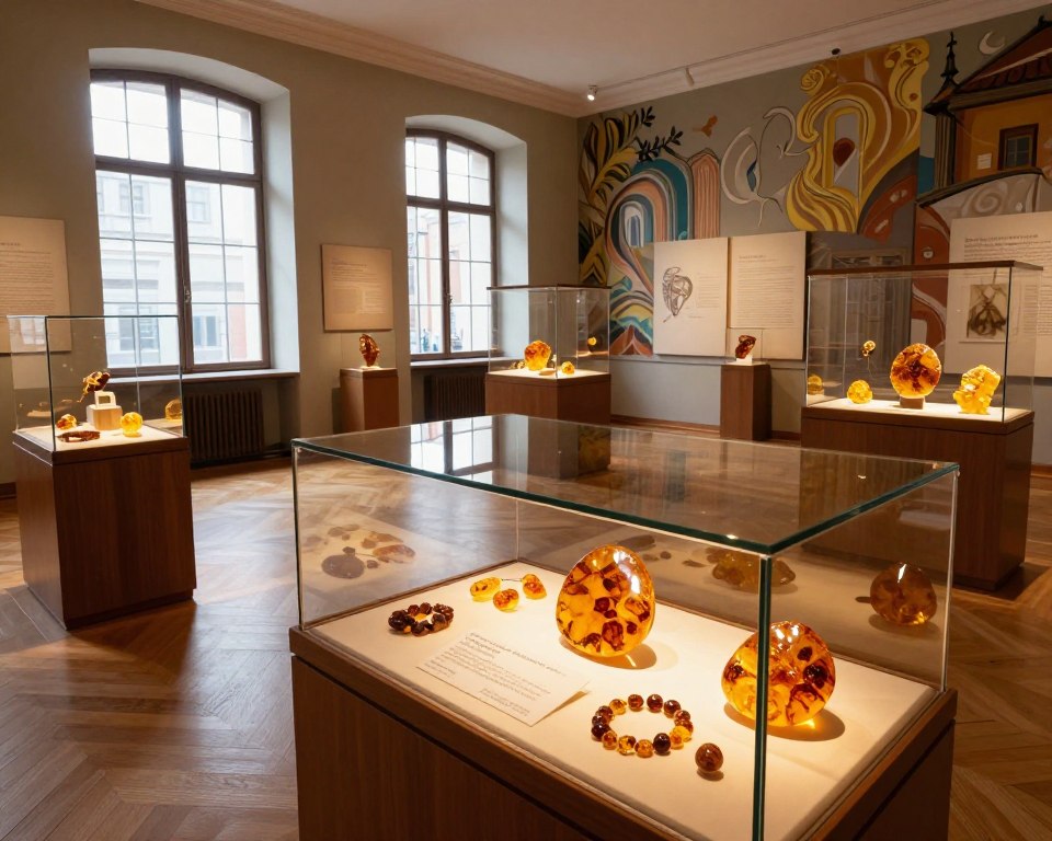 A beautifully lit interior view of the Muzeum Bursztynu in Gdańsk, showcasing its unique amber exhibits. In the foreground, display a polished amber display case reflecting warm tones, with intricate amber jewelry and artifacts, glistening under soft spotlights. The middle layer features a spacious gallery with elegant wooden flooring and large windows, letting in natural light that highlights the shimmering amber displays. In the background, include artistic murals and information panels about the history and significance of amber. The atmosphere is inspiring and inviting, emphasizing Gdańsk’s rich cultural heritage. Capture the scene from a slightly elevated angle, giving a broad view of the museum's design and exhibits, making it feel both grand and intimate.
