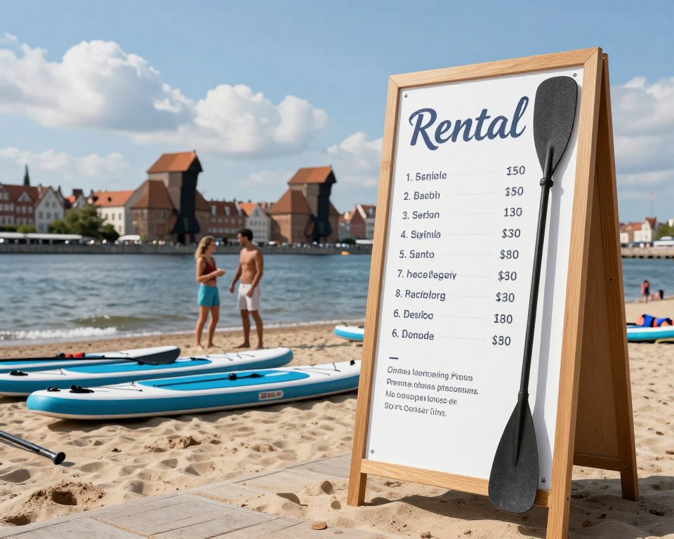 A beautifully organized scene showcasing a rental pricing board for stand-up paddleboards (SUP) set against a scenic backdrop of Gdańsk’s coastline. In the foreground, a well-designed wooden board displaying clear and attractive rental prices, along with conditions in elegant font, is adorned with images of paddles and life vests. The middle ground features a serene beach with a few paddleboards lined up, ready for use, and a couple of individuals dressed in casual beachwear engaged in conversation. In the background, the picturesque Gdańsk skyline with its iconic architecture and gentle waves, under a bright blue sky with fluffy white clouds. Soft sunlight illuminates the scene, creating a welcoming and cheerful atmosphere, evoking the spirit of summer and outdoor adventure. A beautifully organized scene showcasing a rental pricing board for stand-up paddleboards (SUP) set against a scenic backdrop of Gdańsk’s coastline. In the foreground, a well-designed wooden board displaying clear and attractive rental prices, along with conditions in elegant font, is adorned with images of paddles and life vests. The middle ground features a serene beach with a few paddleboards lined up, ready for use, and a couple of individuals dressed in casual beachwear engaged in conversation. In the background, the picturesque Gdańsk skyline with its iconic architecture and gentle waves, under a bright blue sky with fluffy white clouds. Soft sunlight illuminates the scene, creating a welcoming and cheerful atmosphere, evoking the spirit of summer and outdoor adventure.