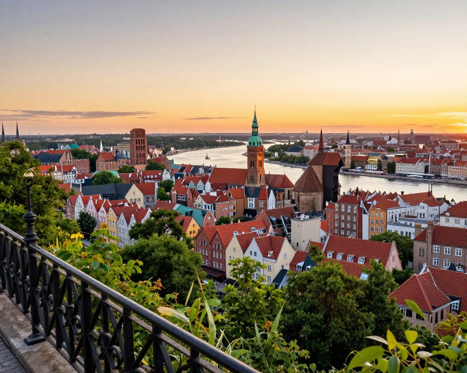 A breathtaking panoramic view from one of Gdańsk's famous viewpoints, showcasing the vibrant cityscape in the year 2026. In the foreground, lush greenery and decorative railings frame the viewpoint, inviting viewers to take in the scene. The middle ground features iconic Gdańsk architecture, including colorful townhouses and the majestic St. Mary's Church, bathed in the warm light of a golden sunset. The background reveals the shimmering Motława River reflecting the colors of the sunset, with sailboats gently gliding across the water. The atmosphere is serene and inviting, conveying a sense of exploration and admiration for the city's rich history and beauty. The image is captured from a slightly elevated angle with a soft focus to create a dreamy effect, avoiding any distractions from the breathtaking view. A breathtaking panoramic view from one of Gdańsk's famous viewpoints, showcasing the vibrant cityscape in the year 2026. In the foreground, lush greenery and decorative railings frame the viewpoint, inviting viewers to take in the scene. The middle ground features iconic Gdańsk architecture, including colorful townhouses and the majestic St. Mary's Church, bathed in the warm light of a golden sunset. The background reveals the shimmering Motława River reflecting the colors of the sunset, with sailboats gently gliding across the water. The atmosphere is serene and inviting, conveying a sense of exploration and admiration for the city's rich history and beauty. The image is captured from a slightly elevated angle with a soft focus to create a dreamy effect, avoiding any distractions from the breathtaking view.