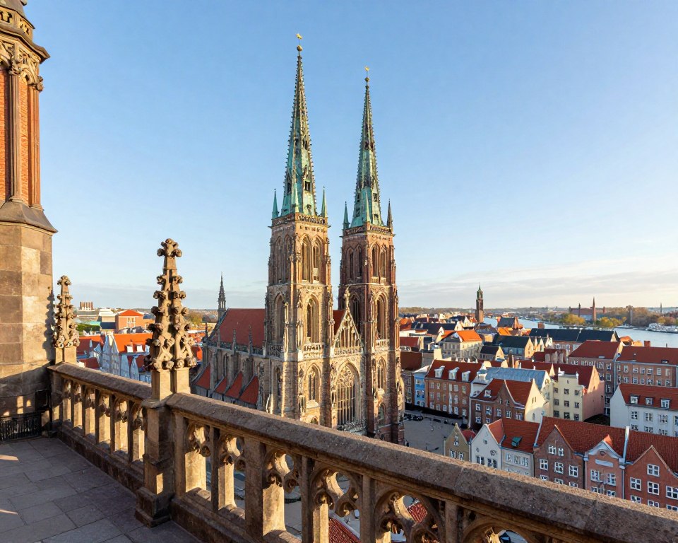A breathtaking view from the observation tower of Bazylika Mariacka in Gdańsk, showcasing its intricate gothic architecture. In the foreground, the ornate stone railing of the viewing platform captures the viewer's attention, adorned with delicate carvings. The mid-ground features the stunning façade of the basilica with its tall spires reaching towards a bright blue sky, emphasizing the height of the tower. The background reveals the picturesque cityscape of Gdańsk, with colorful buildings and the river reflecting gentle sunlight. Soft morning light bathes the scene, creating an inviting and serene atmosphere. Shot from a slight elevation to enhance perspective, emphasizing the tower's grandeur against the vibrant city below. A breathtaking view from the observation tower of Bazylika Mariacka in Gdańsk, showcasing its intricate gothic architecture. In the foreground, the ornate stone railing of the viewing platform captures the viewer's attention, adorned with delicate carvings. The mid-ground features the stunning façade of the basilica with its tall spires reaching towards a bright blue sky, emphasizing the height of the tower. The background reveals the picturesque cityscape of Gdańsk, with colorful buildings and the river reflecting gentle sunlight. Soft morning light bathes the scene, creating an inviting and serene atmosphere. Shot from a slight elevation to enhance perspective, emphasizing the tower's grandeur against the vibrant city below.
