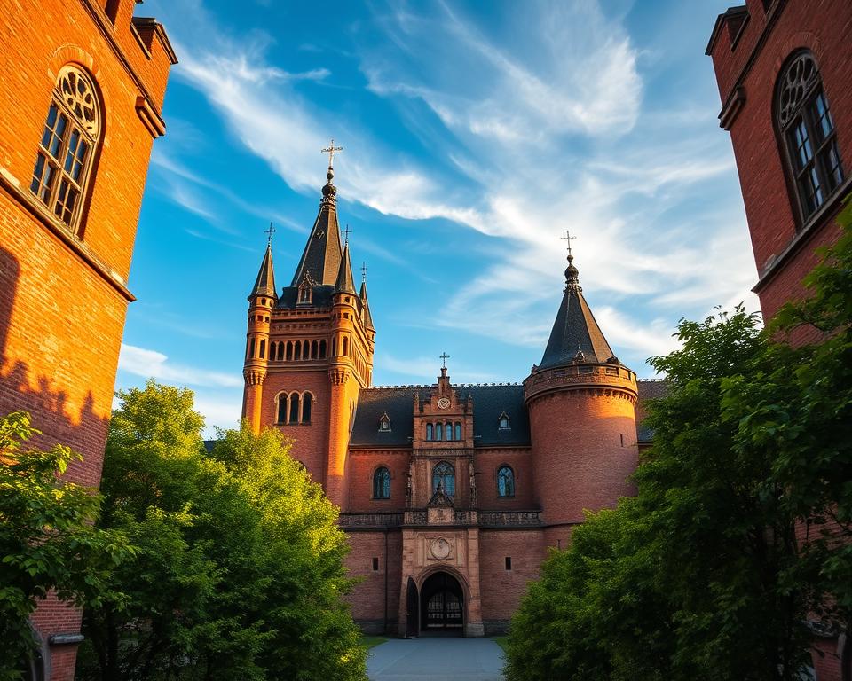 A breathtaking view of Malbork Castle showcasing its impressive Gothic architecture. In the foreground, intricate brickwork and tall, narrow windows of the castle's towers can be seen, capturing the essence of medieval craftsmanship. The middle ground features the castle's grand entrance and fortified walls, with lush greenery framing the scene, adding vibrancy. The background reveals a clear blue sky adorned with wispy clouds, emphasizing the historical significance and grandeur of the structure. The lighting is warm and golden, set during the late afternoon, casting soft shadows that enhance the details of the architecture. The overall atmosphere is one of majesty and historical depth, inviting the viewer to explore this iconic monument of Polish heritage. A breathtaking view of Malbork Castle showcasing its impressive Gothic architecture. In the foreground, intricate brickwork and tall, narrow windows of the castle's towers can be seen, capturing the essence of medieval craftsmanship. The middle ground features the castle's grand entrance and fortified walls, with lush greenery framing the scene, adding vibrancy. The background reveals a clear blue sky adorned with wispy clouds, emphasizing the historical significance and grandeur of the structure. The lighting is warm and golden, set during the late afternoon, casting soft shadows that enhance the details of the architecture. The overall atmosphere is one of majesty and historical depth, inviting the viewer to explore this iconic monument of Polish heritage.