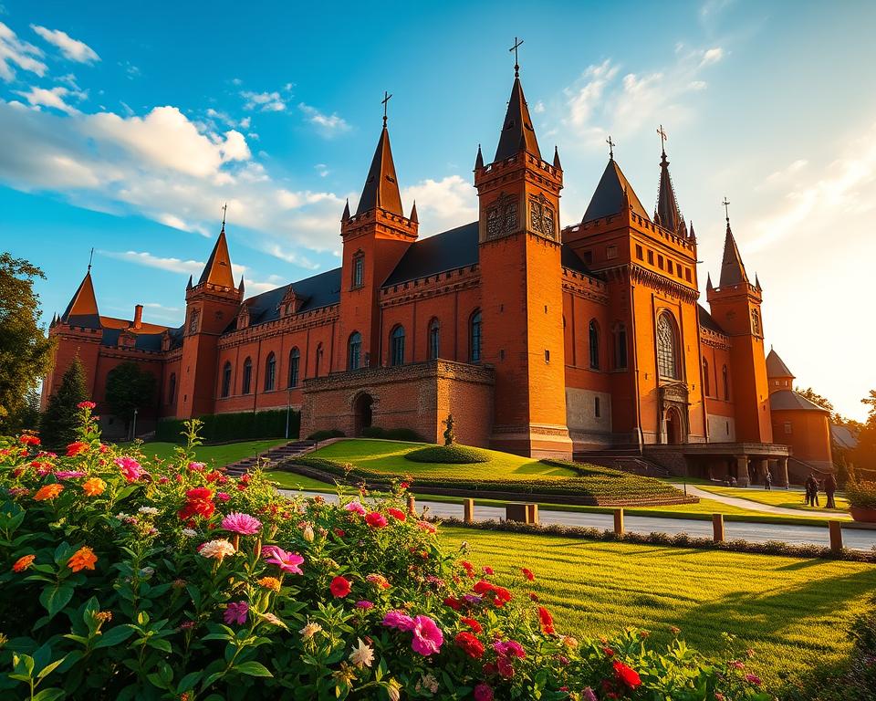 A breathtaking view of the Malbork Castle Museum, showcasing its impressive red-brick architecture and intricate Gothic details. In the foreground, feature a lush green landscape with vibrant flowering plants and well-kept gardens. The middle ground should highlight the castle's massive walls and iconic towers, bathed in golden light from a late afternoon sun, creating a warm atmosphere. The background presents a clear blue sky with soft, white clouds, enhancing the serene setting. Capture the scene from a slightly elevated angle, using a wide lens to encompass the grandeur of the castle and its surroundings. The overall mood is one of historical reverence and tranquility, inviting viewers to explore the rich collections of artifacts within the museum. A breathtaking view of the Malbork Castle Museum, showcasing its impressive red-brick architecture and intricate Gothic details. In the foreground, feature a lush green landscape with vibrant flowering plants and well-kept gardens. The middle ground should highlight the castle's massive walls and iconic towers, bathed in golden light from a late afternoon sun, creating a warm atmosphere. The background presents a clear blue sky with soft, white clouds, enhancing the serene setting. Capture the scene from a slightly elevated angle, using a wide lens to encompass the grandeur of the castle and its surroundings. The overall mood is one of historical reverence and tranquility, inviting viewers to explore the rich collections of artifacts within the museum.
