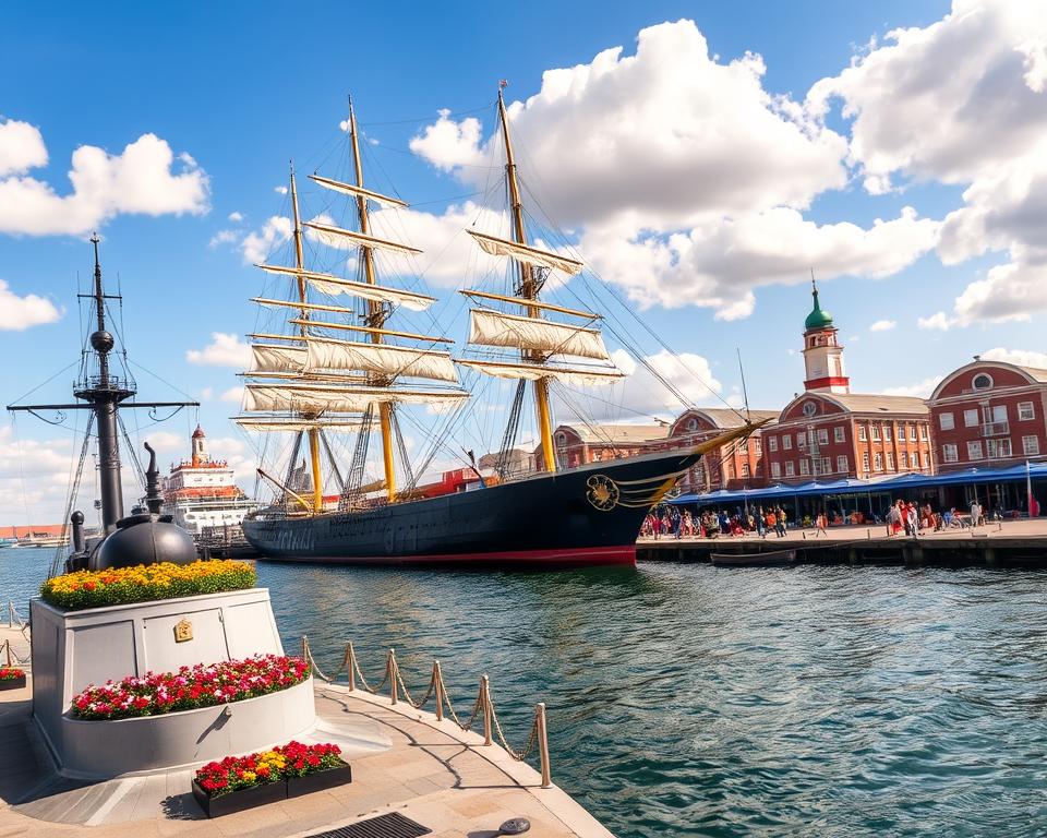 A breathtaking view of the tall ship Dar Pomorza, its sails fully unfurled, gracefully docked at Gdynia's vibrant port, with the historic destroyer ORP Błyskawica in the foreground. The scene captures a sunny day with clear blue skies and fluffy white clouds, reflecting off the calm, sparkling waters of the Baltic Sea. In the background, the bustling Skwer Kościuszki is dotted with colorful flowers and friendly visitors enjoying the seaside atmosphere. The lighting is warm and inviting, casting soft shadows. The composition emphasizes the majestic architecture of the ships while creating a lively, nostalgic marine ambiance, evoking the rich maritime history of Gdynia. A breathtaking view of the tall ship Dar Pomorza, its sails fully unfurled, gracefully docked at Gdynia's vibrant port, with the historic destroyer ORP Błyskawica in the foreground. The scene captures a sunny day with clear blue skies and fluffy white clouds, reflecting off the calm, sparkling waters of the Baltic Sea. In the background, the bustling Skwer Kościuszki is dotted with colorful flowers and friendly visitors enjoying the seaside atmosphere. The lighting is warm and inviting, casting soft shadows. The composition emphasizes the majestic architecture of the ships while creating a lively, nostalgic marine ambiance, evoking the rich maritime history of Gdynia.