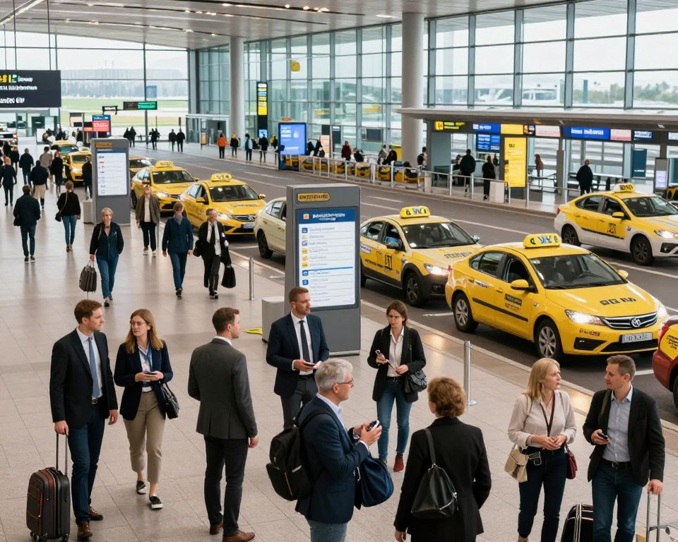 A bustling airport scene at Gdańsk Rębiechowo, showcasing travelers in professional business attire and modest casual clothing, as they navigate their way to the city center. In the foreground, a group of diverse passengers is discussing transportation options, including train schedules for SKM and PKM. The middle ground focuses on a taxi stand with taxis lined up, drivers waiting, and a prominent information board displaying transportation tips. In the background, the airport terminal features modern architecture with large glass windows, vibrant signage, and people moving in various directions. The lighting is bright and natural, streaming through the glass, creating an inviting atmosphere. The overall mood is energetic and informative, perfect for conveying practical travel advice. A bustling airport scene at Gdańsk Rębiechowo, showcasing travelers in professional business attire and modest casual clothing, as they navigate their way to the city center. In the foreground, a group of diverse passengers is discussing transportation options, including train schedules for SKM and PKM. The middle ground focuses on a taxi stand with taxis lined up, drivers waiting, and a prominent information board displaying transportation tips. In the background, the airport terminal features modern architecture with large glass windows, vibrant signage, and people moving in various directions. The lighting is bright and natural, streaming through the glass, creating an inviting atmosphere. The overall mood is energetic and informative, perfect for conveying practical travel advice.