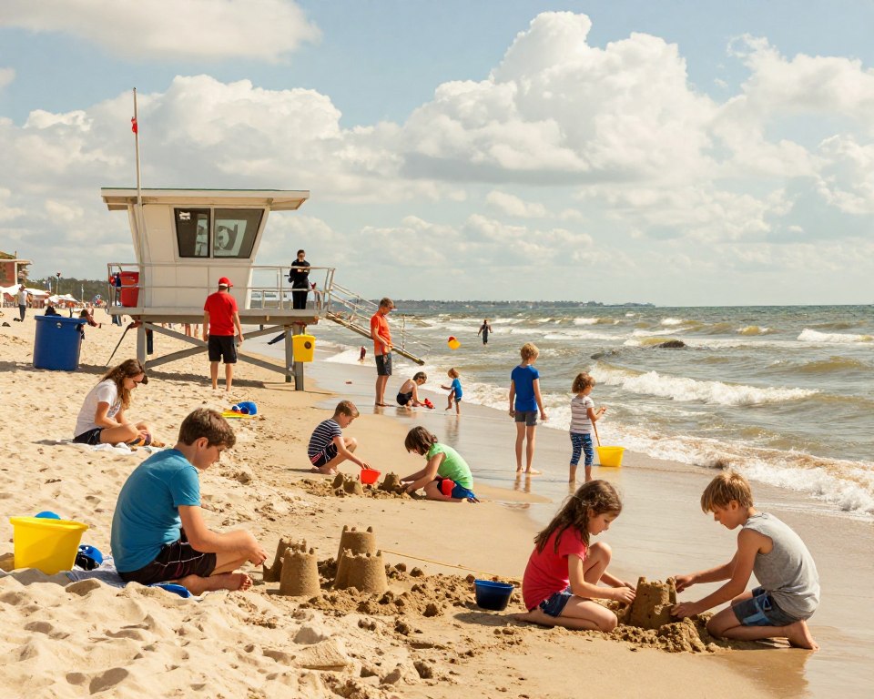 A bustling family beach scene at Letnia Szkoła Ratownictwa w Gdańsku, showcasing a sunny day filled with joy and safety. In the foreground, a group of families with children in modest summer attire are enjoying the beach, building sandcastles, and playing in the shallow water. In the middle ground, the lifeguard station stands prominently, featuring lifeguards in professional attire, overseeing the activities to ensure safety. The background captures the picturesque Gdańsk coastline, marked by gentle waves and fluffy clouds. The warm sunlight bathes the entire scene in a golden hue, creating a cheerful and inviting atmosphere. The image should be captured with a wide-angle lens to encapsulate the vibrant beach environment, emphasizing the family-friendly experience in a safe and enjoyable setting. A bustling family beach scene at Letnia Szkoła Ratownictwa w Gdańsku, showcasing a sunny day filled with joy and safety. In the foreground, a group of families with children in modest summer attire are enjoying the beach, building sandcastles, and playing in the shallow water. In the middle ground, the lifeguard station stands prominently, featuring lifeguards in professional attire, overseeing the activities to ensure safety. The background captures the picturesque Gdańsk coastline, marked by gentle waves and fluffy clouds. The warm sunlight bathes the entire scene in a golden hue, creating a cheerful and inviting atmosphere. The image should be captured with a wide-angle lens to encapsulate the vibrant beach environment, emphasizing the family-friendly experience in a safe and enjoyable setting.