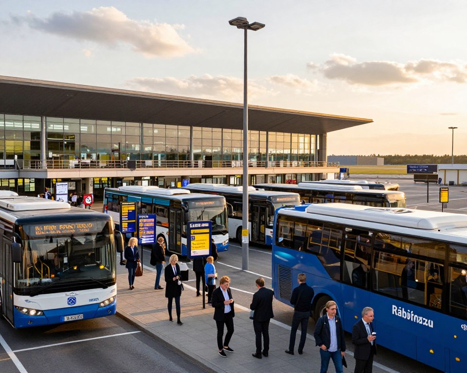 A bustling scene at Gdańsk Rębiechowo Airport, showcasing a vibrant bus terminal as the foreground. Several buses are lined up, ready to transport passengers to the city center, with clear indications of their routes. In the middle ground, travelers in professional business attire and modest casual clothing are waiting, scanning for updates on digital displays that show bus schedules and ticket options. The background features the striking architecture of the airport, bathed in the warm glow of late afternoon sunlight. The sky glimmers with soft clouds, enhancing a sense of movement and anticipation. The image captures a mood of connectivity and convenience, presenting a landscape of modern travel. Use a wide-angle lens to emphasize the bustling atmosphere, focusing on the points of interaction among the passengers and the transportation options available. A bustling scene at Gdańsk Rębiechowo Airport, showcasing a vibrant bus terminal as the foreground. Several buses are lined up, ready to transport passengers to the city center, with clear indications of their routes. In the middle ground, travelers in professional business attire and modest casual clothing are waiting, scanning for updates on digital displays that show bus schedules and ticket options. The background features the striking architecture of the airport, bathed in the warm glow of late afternoon sunlight. The sky glimmers with soft clouds, enhancing a sense of movement and anticipation. The image captures a mood of connectivity and convenience, presenting a landscape of modern travel. Use a wide-angle lens to emphasize the bustling atmosphere, focusing on the points of interaction among the passengers and the transportation options available.