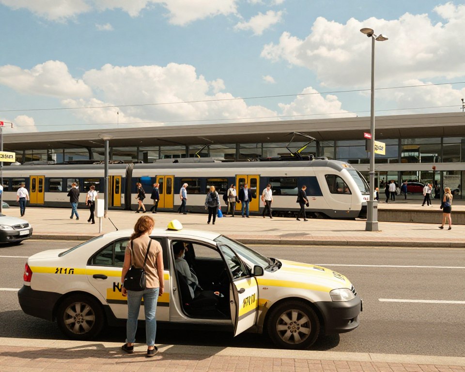 A bustling scene at Gdańsk Rębiechowo Airport, showcasing various modes of transportation to the city center. In the foreground, a taxi waits with its door open, ready for passengers dressed in smart casual attire. The middle ground features an electric train platform with commuters boarding a sleek SKM train, surrounded by modern signage and flows of people. In the background, a clear blue sky with fluffy clouds complements the contemporary architecture of the airport terminal. Soft, natural lighting casts an inviting atmosphere, suggesting a busy yet organized transit hub. Capture this vibrant travel scene with a wide-angle lens to encompass all elements harmoniously, symbolizing the ease of transport from the airport to downtown Gdańsk. A bustling scene at Gdańsk Rębiechowo Airport, showcasing various modes of transportation to the city center. In the foreground, a taxi waits with its door open, ready for passengers dressed in smart casual attire. The middle ground features an electric train platform with commuters boarding a sleek SKM train, surrounded by modern signage and flows of people. In the background, a clear blue sky with fluffy clouds complements the contemporary architecture of the airport terminal. Soft, natural lighting casts an inviting atmosphere, suggesting a busy yet organized transit hub. Capture this vibrant travel scene with a wide-angle lens to encompass all elements harmoniously, symbolizing the ease of transport from the airport to downtown Gdańsk.