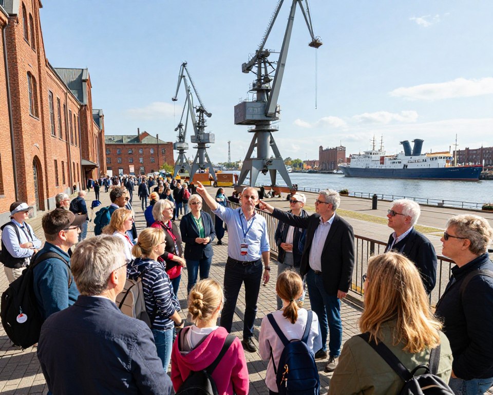 A bustling scene at the Gdańsk Shipyard, showcasing a diverse group of people engaged in a guided tour. In the foreground, a knowledgeable tour guide in professional attire points out historical shipbuilding structures to a captivated audience made up of families, students, and professionals. The middle ground features iconic cranes and industrial buildings of the shipyard, intricately detailed, under a bright blue sky. In the background, an impressive view of the harbor with ships docked, highlighting the maritime legacy. The overall atmosphere is vibrant and educational, with sunlight casting soft shadows, creating an inviting and warm ambiance. The angle is slightly elevated, providing a comprehensive view of the tour group and the shipyard environment. A bustling scene at the Gdańsk Shipyard, showcasing a diverse group of people engaged in a guided tour. In the foreground, a knowledgeable tour guide in professional attire points out historical shipbuilding structures to a captivated audience made up of families, students, and professionals. The middle ground features iconic cranes and industrial buildings of the shipyard, intricately detailed, under a bright blue sky. In the background, an impressive view of the harbor with ships docked, highlighting the maritime legacy. The overall atmosphere is vibrant and educational, with sunlight casting soft shadows, creating an inviting and warm ambiance. The angle is slightly elevated, providing a comprehensive view of the tour group and the shipyard environment.