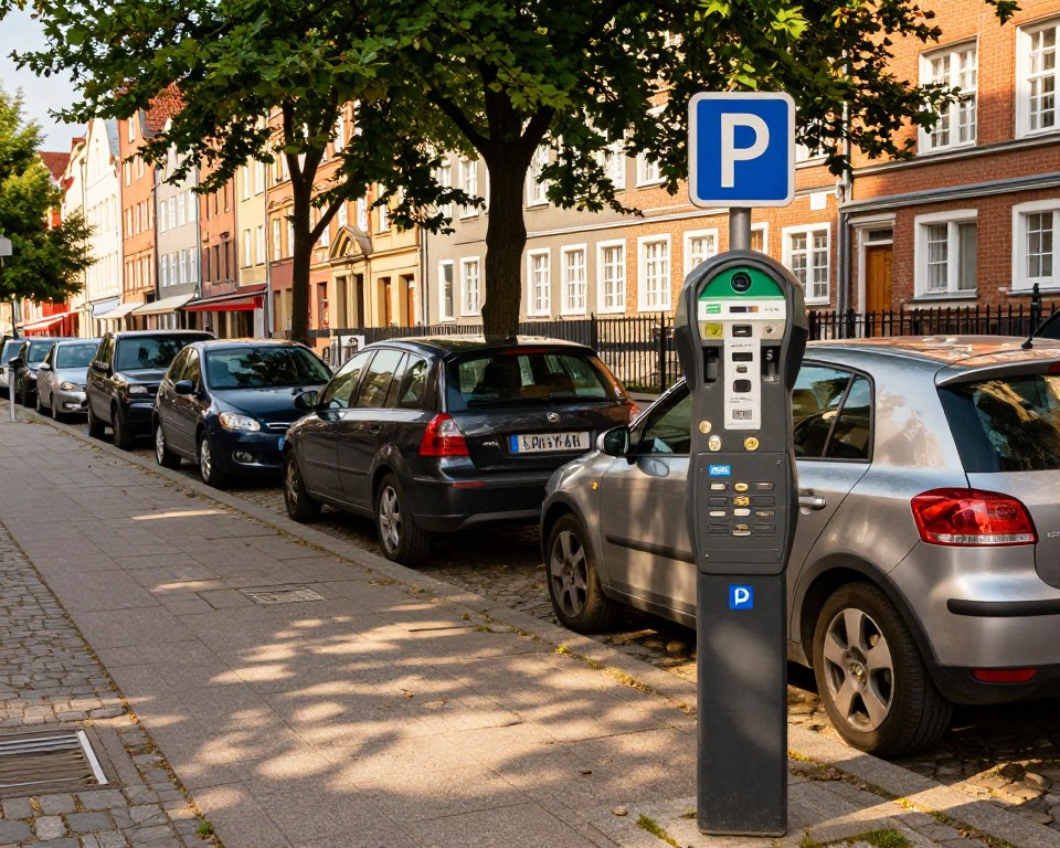 A bustling street scene in Gdańsk showcasing a paid parking zone. In the foreground, a modern parking meter stands prominently, displaying clear symbols and buttons, with a few coins scattered around. The middle ground features several parked cars of various colors and models neatly lined up along the side of the street, with a mature tree casting dappled sunlight onto the pavement. In the background, classic Gdańsk architecture, including historic buildings with colorful facades, enhances the urban atmosphere. The lighting is warm and inviting, suggesting a sunny afternoon. The overall mood is organized and efficient, reflecting the structure of the paid parking system in Gdańsk.
