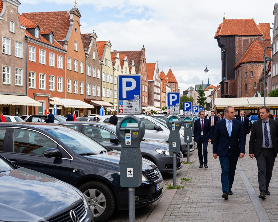 A bustling street scene in Gdańsk’s Old Town, showcasing a vibrant parking area. In the foreground, parked cars display visible parking meters with clear signage reflecting various payment options and rates. The middle ground features pedestrians in professional attire walking by, some glancing at the meters. Older, colorful buildings with distinct Gdańsk architecture rise in the background, under a partly cloudy sky that casts soft natural light, enhancing the city's historical charm. Capture the essence of local life, with a focus on the organized chaos of urban parking amidst the picturesque streets, evoking a sense of community and daily routine in this historic setting. The overall atmosphere should be lively yet informative, suitable for an article on parking prices.