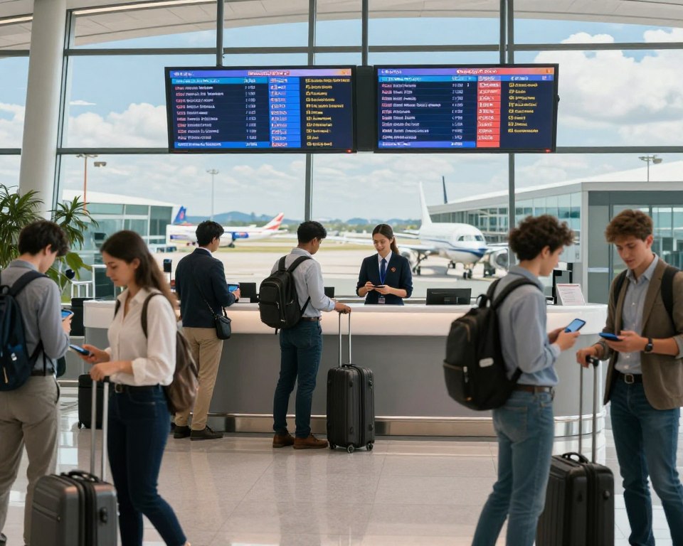 A busy airport terminal scene filled with travelers and helpful staff. In the foreground, a diverse group of people dressed in professional business attire and modest casual clothing, holding luggage and checking flight information on their devices. The middle ground showcases a sleek information desk with a friendly staff member assisting a traveler, while digital screens display flight schedules and airport announcements. The background features large windows revealing planes on the tarmac and a bright blue sky. The lighting is bright and inviting, mimicking the natural daylight streaming in, creating a welcoming atmosphere. The overall mood is dynamic and organized, highlighting tips and guidance in a bustling airport environment. A busy airport terminal scene filled with travelers and helpful staff. In the foreground, a diverse group of people dressed in professional business attire and modest casual clothing, holding luggage and checking flight information on their devices. The middle ground showcases a sleek information desk with a friendly staff member assisting a traveler, while digital screens display flight schedules and airport announcements. The background features large windows revealing planes on the tarmac and a bright blue sky. The lighting is bright and inviting, mimicking the natural daylight streaming in, creating a welcoming atmosphere. The overall mood is dynamic and organized, highlighting tips and guidance in a bustling airport environment.