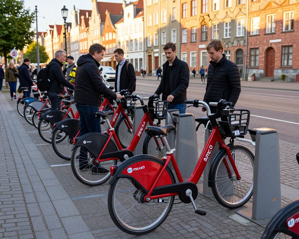 A busy urban bike-sharing station in Gdańsk, showcasing several Mevo bikes neatly parked in designated docking areas. In the foreground, a sleek red Mevo bike stands prominently, its registration plate visible but unobtrusive. In the middle ground, a diverse group of individuals, dressed in modest casual clothing, are interacting with the bike station, either checking out bikes or returning them. The background features iconic Gdańsk architecture, softly illuminated by the warm glow of late afternoon sunlight, casting gentle shadows. The atmosphere is lively yet organized, capturing the essence of urban mobility and the importance of proper bike parking etiquette. The scene is framed at a slight angle to emphasize both the bikes and the bustling environment, enhancing depth and engagement without textual distractions.