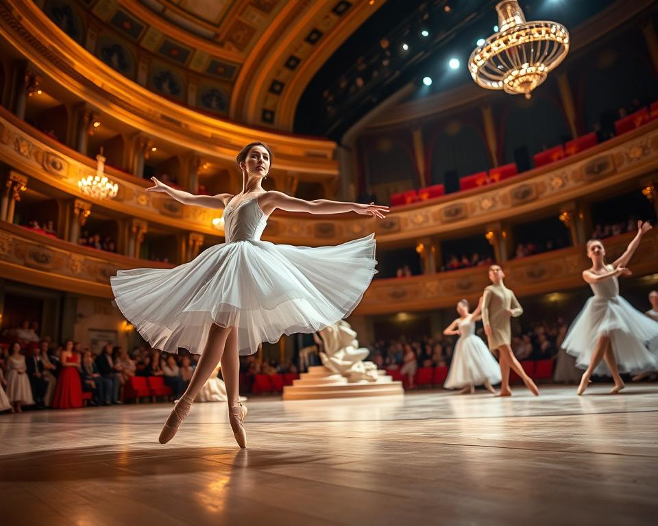 A captivating scene of a ballet performance at the Baltic Opera in Gdańsk, featuring a graceful ballerina wearing an elegant, flowing white tutu, poised mid-leap on stage. The foreground showcases the dancer's expressive face, highlighting her concentration and passion. In the middle ground, a beautifully designed stage adorned with intricate set pieces and soft, glowing lights enhances the atmosphere, while fellow dancers, dressed in complementary pastel colors, create a harmonious backdrop. The background reveals the opulent interior of the opera house, with gilded decorations and an audience captivated by the performance. Warm ambiance lighting casts gentle shadows, framing the dancers elegantly. The angle captures both the performers and the ornate architectural details of the venue, evoking a feeling of grandeur and artistry in this vibrant cultural setting.