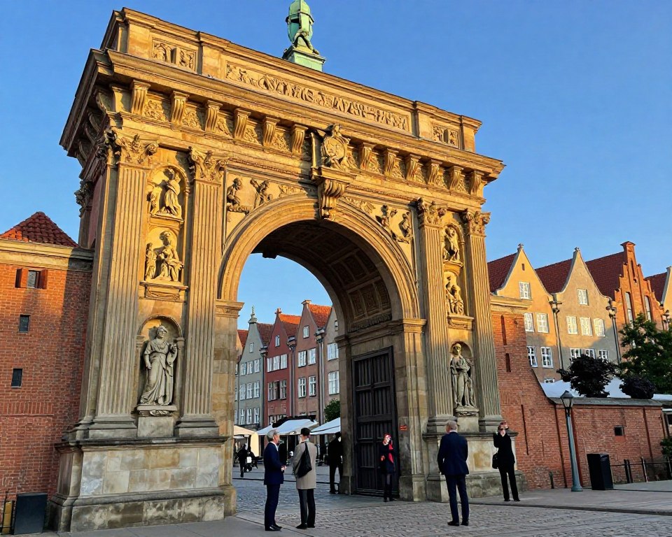 A captivating scene of the Golden Gate in Gdańsk, showcasing its intricate sculptures and historical significance. In the foreground, depict the majestic arch of the gate, adorned with detailed carvings representing local culture and history, bathed in a warm golden light that highlights the craftsmanship. In the middle ground, include visitors admiring the gate, dressed in professional attire, conveying a sense of education and engagement with history. The background features a historic cityscape of Gdańsk, blending Gothic and Baroque architecture under a clear blue sky. The atmosphere is vibrant and reflective, evoking a sense of pride and cultural appreciation, captured from a slightly low angle to emphasize the grandeur of the gate against the skyline.