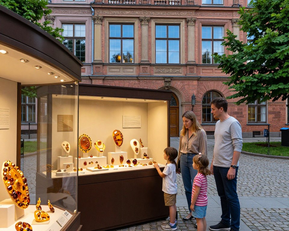 A captivating view of the Amber Museum in Gdańsk, showcasing its stunning architectural details and vibrant amber exhibits. In the foreground, a family of four-two parents in casual, modest clothing and two children, awestruck by the gleaming amber artifacts. The middle ground features a well-lit display case filled with beautifully crafted amber jewelry, capturing the rich golden hues and intricate patterns of the amber. The background reveals the museum’s elegant façade with large windows reflecting the blue sky, surrounded by lush greenery and cobblestone paths. The scene is bathed in soft natural light, creating a warm and inviting atmosphere that encourages exploration and family bonding. The angle is slightly elevated, providing a panoramic view that captures the essence of a family-friendly experience at this unique museum.
