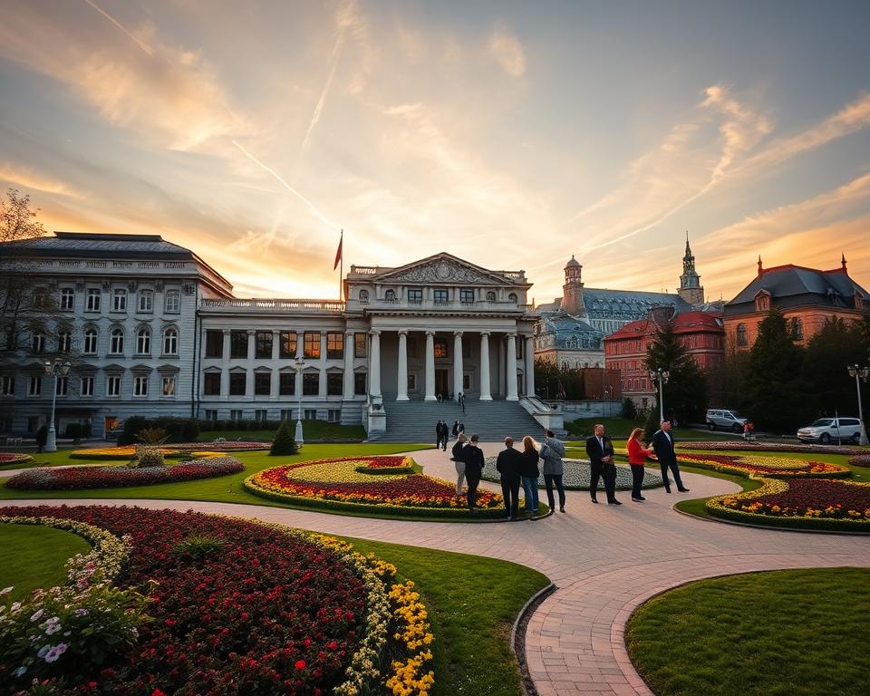 A captivating view of the National Museum in Gdańsk, showcasing its diverse branches. In the foreground, a beautifully landscaped garden with seasonal flowers and well-maintained paths. The middle layer features the museum's iconic architecture, highlighting intricate details of its façade, large windows, and elegant entrance. A small group of visitors in professional attire is engaged in thoughtful conversation, admiring the surroundings. In the background, the silhouette of Gdańsk's historic buildings contrasts against a vibrant sunset sky, casting a warm glow. The scene is illuminated by soft golden lighting, enhancing the atmosphere of cultural richness and historical significance, captured with a wide-angle perspective to provide depth and context.