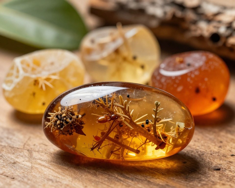 A close-up composition showcasing the physical properties of resin, specifically amber and younger resins. In the foreground, a beautifully polished piece of amber with intricate inclusions of ancient plant material and tiny insects is highlighted, reflecting warm, golden hues under soft, directional lighting. In the middle, younger resin samples exhibit a contrast of clarity and color, ranging from light yellow to deep orange, arranged artfully. The background subtly features natural elements like leaves and bark, emphasizing the organic origins of the resins. A wooden surface adds texture and warmth to the scene, while gentle shadows create depth. The mood is educational and engaging, ideal for illustrating key physical and chemical properties in a scientific context. A close-up composition showcasing the physical properties of resin, specifically amber and younger resins. In the foreground, a beautifully polished piece of amber with intricate inclusions of ancient plant material and tiny insects is highlighted, reflecting warm, golden hues under soft, directional lighting. In the middle, younger resin samples exhibit a contrast of clarity and color, ranging from light yellow to deep orange, arranged artfully. The background subtly features natural elements like leaves and bark, emphasizing the organic origins of the resins. A wooden surface adds texture and warmth to the scene, while gentle shadows create depth. The mood is educational and engaging, ideal for illustrating key physical and chemical properties in a scientific context.